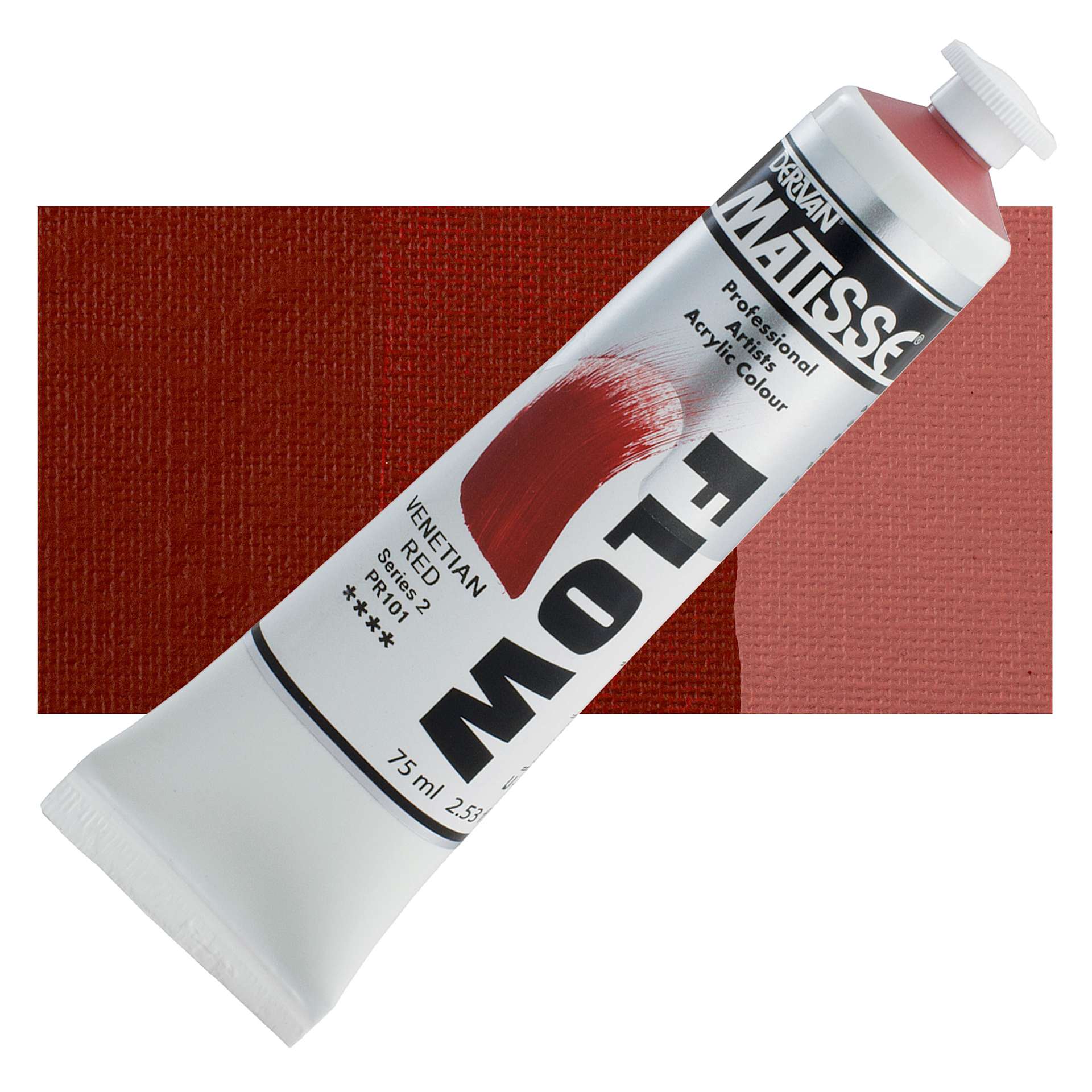 Matisse Flow Acrylic Paint - Venetian Red, 75 ml tube and swatch