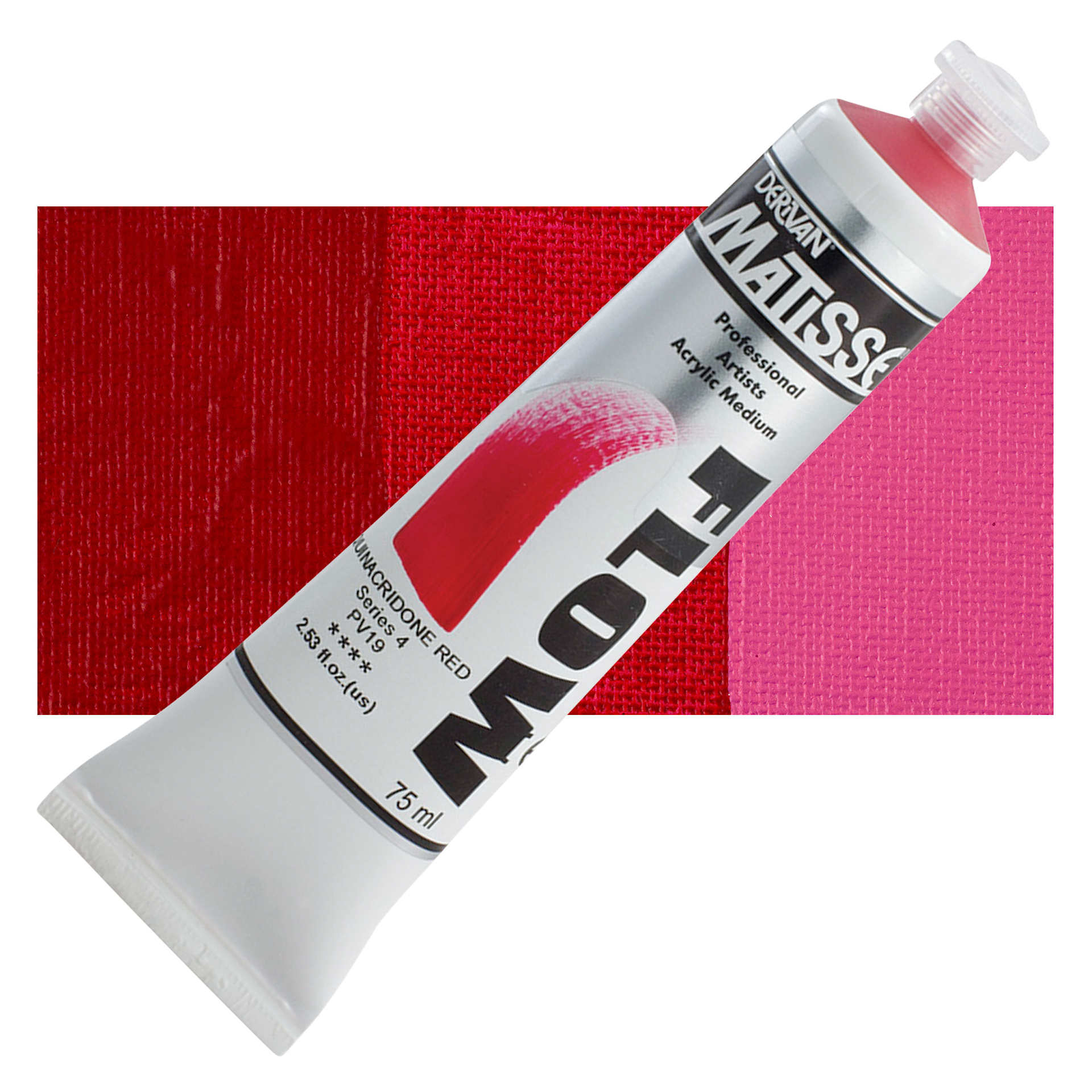 Matisse Flow Acrylic Paint - Quinacridone Red, 75 ml tube and swatch