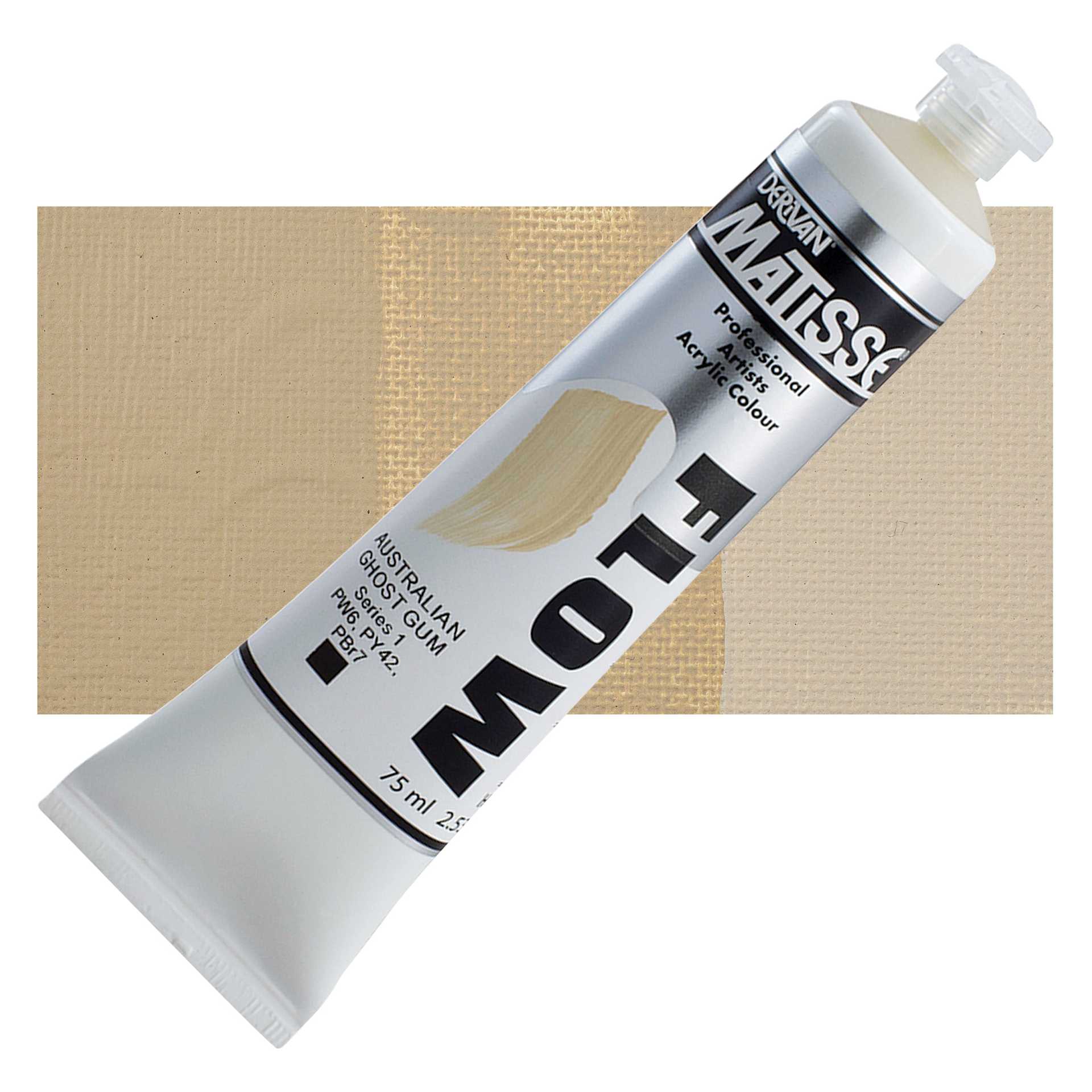 Matisse Flow Acrylic Paint - Australian Ghost Gum, 75 ml tube and swatch
