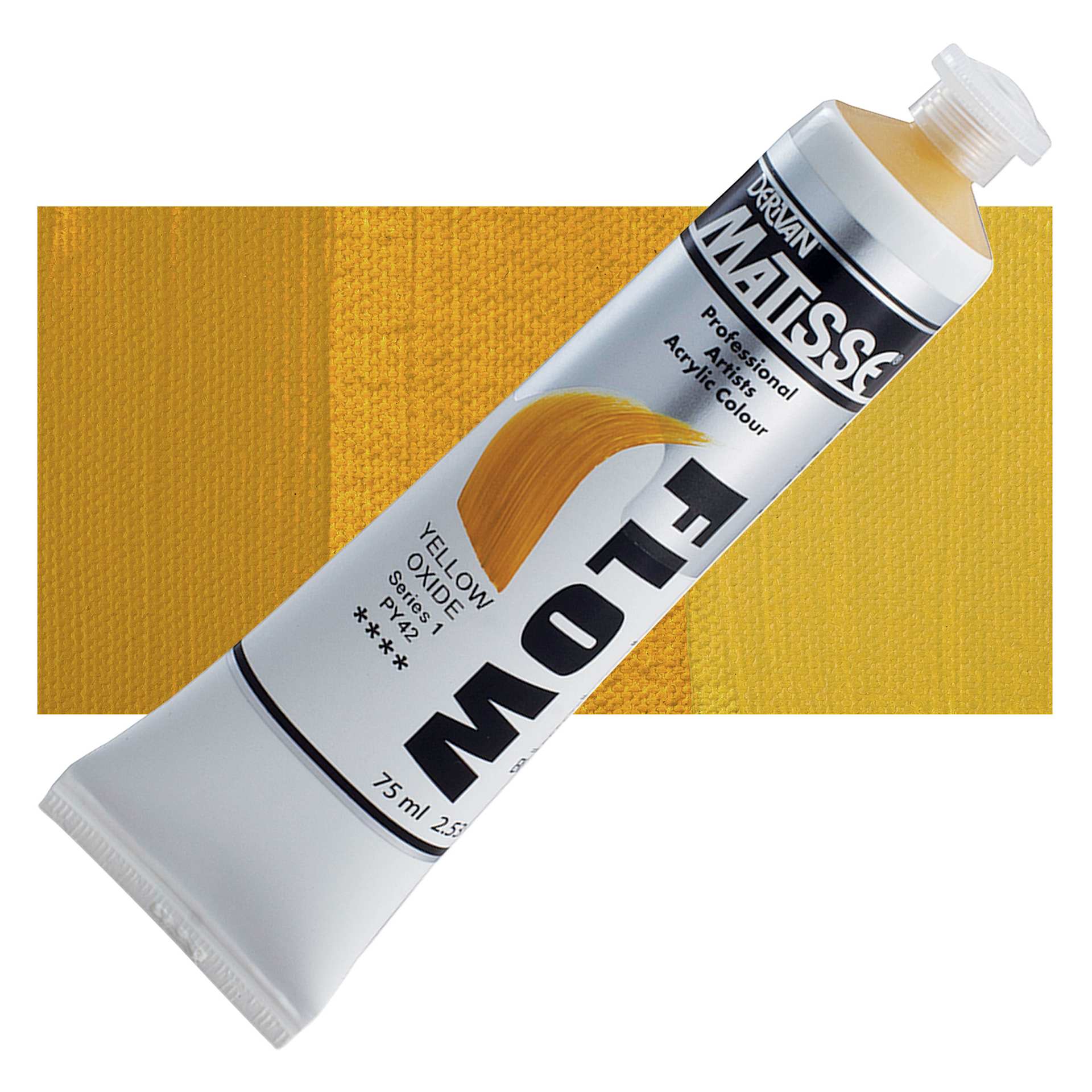 Matisse Flow Acrylic Paint - Yellow Oxide, 75 ml tube and swatch