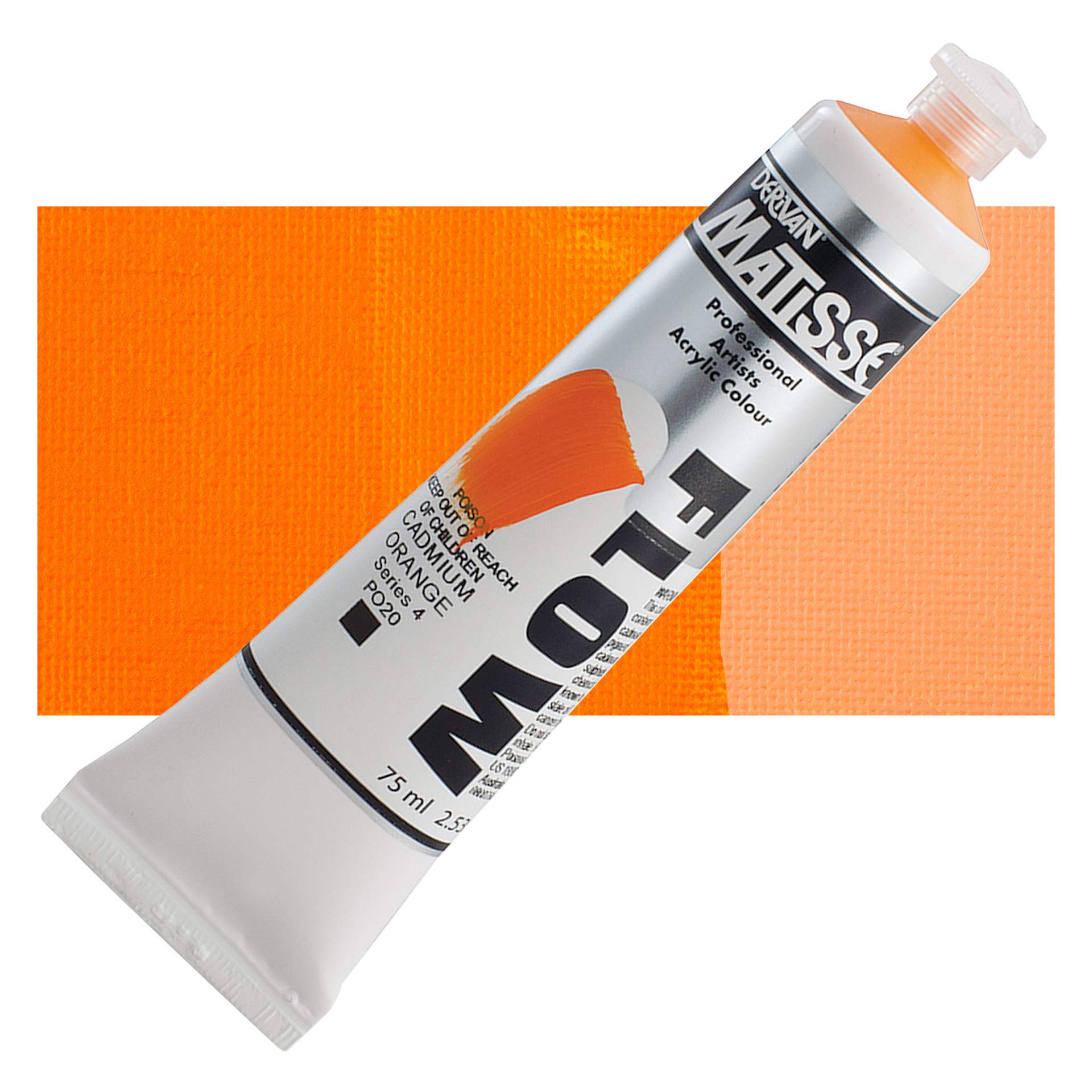 Matisse Flow Acrylic Paint - Cadmium Orange, 75 ml tube and swatch