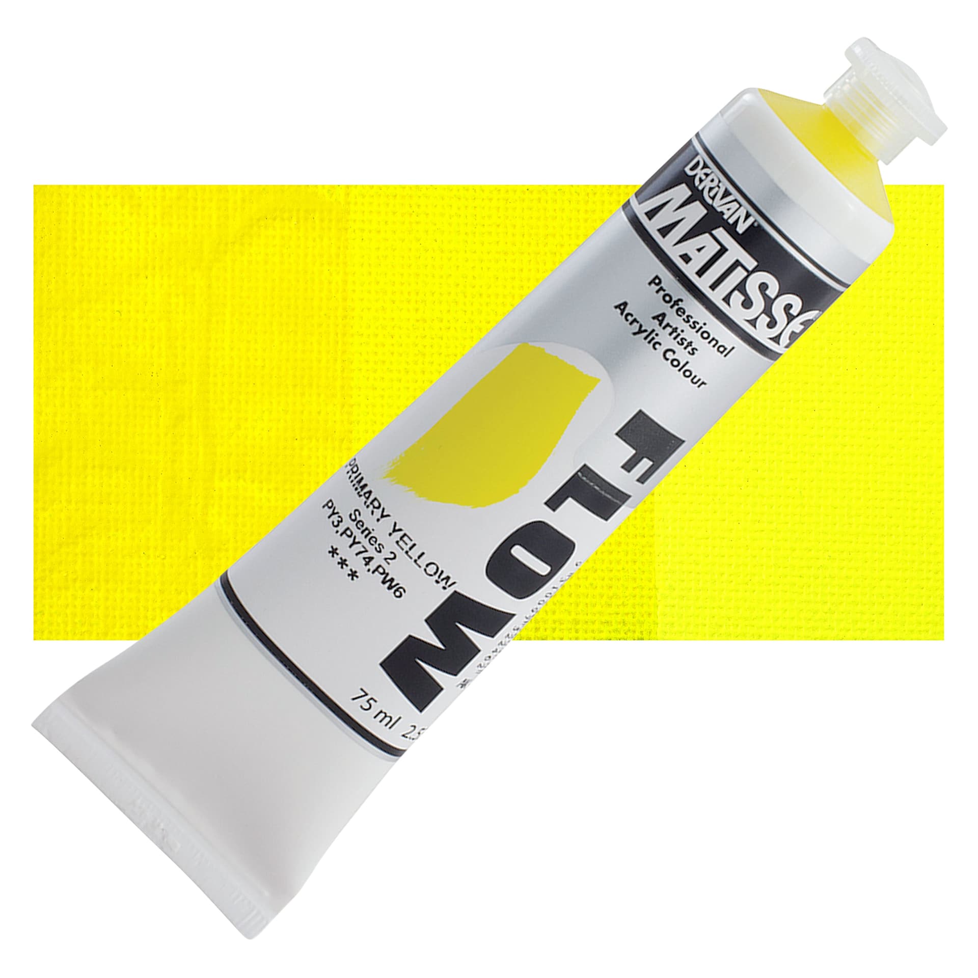 Matisse Flow Acrylic Paint - Primary Yellow, 75 ml tube and swatch