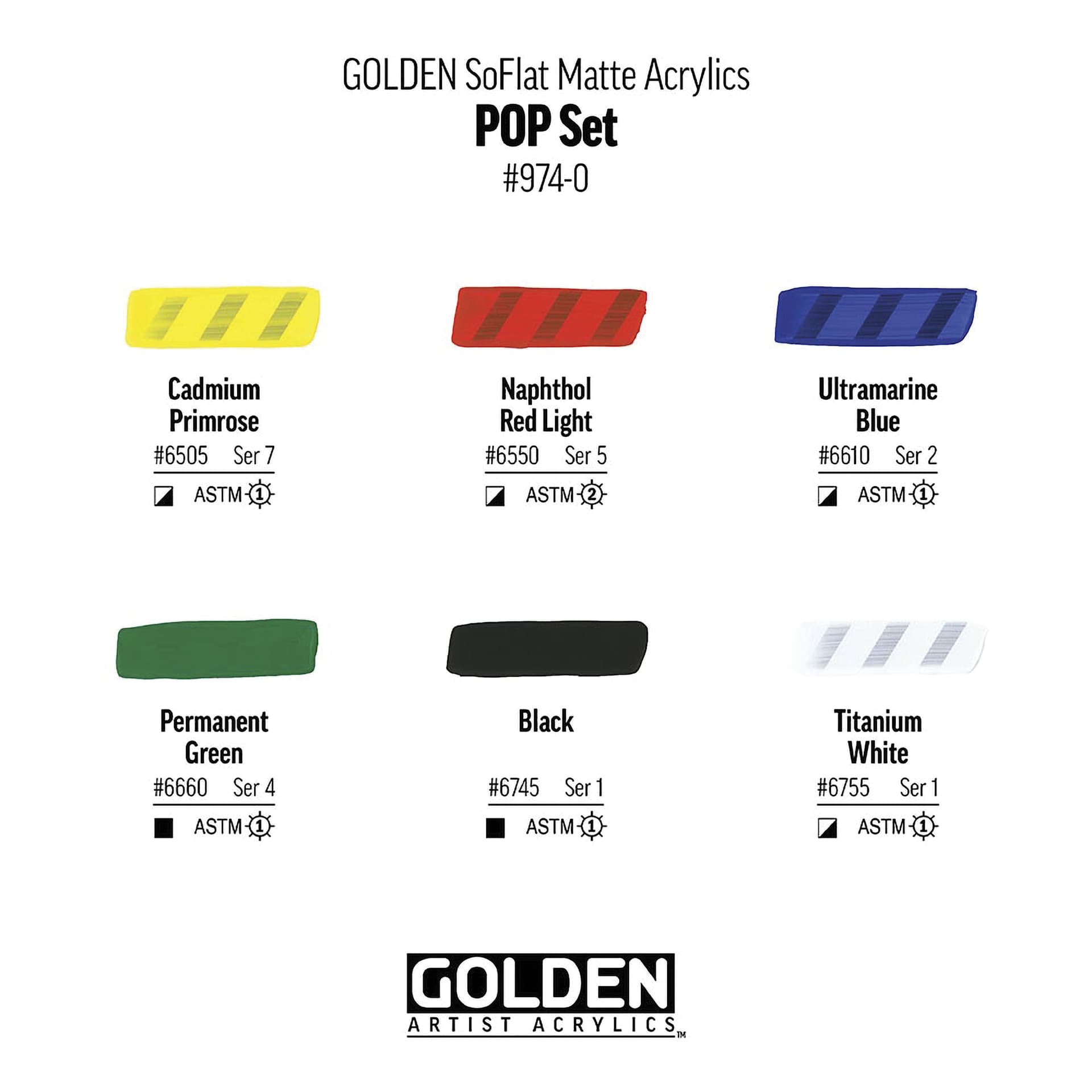 Golden SoFlat Matte Acrylic Paint - Pop, Set of 6, 59 ml, Jar, swatches