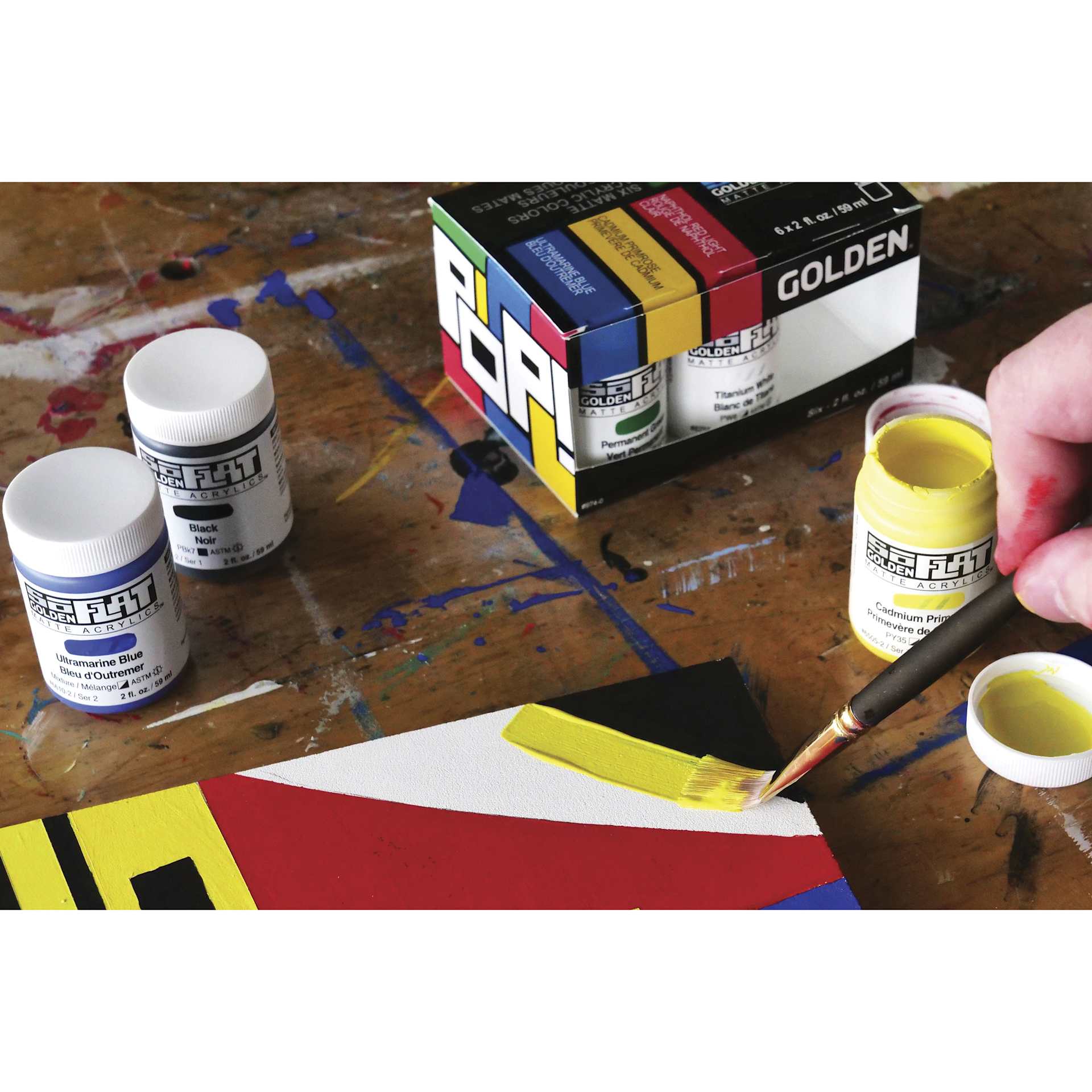 Golden SoFlat Matte Acrylic Paint - Pop, Set of 6, 59 ml, Jar, on desk