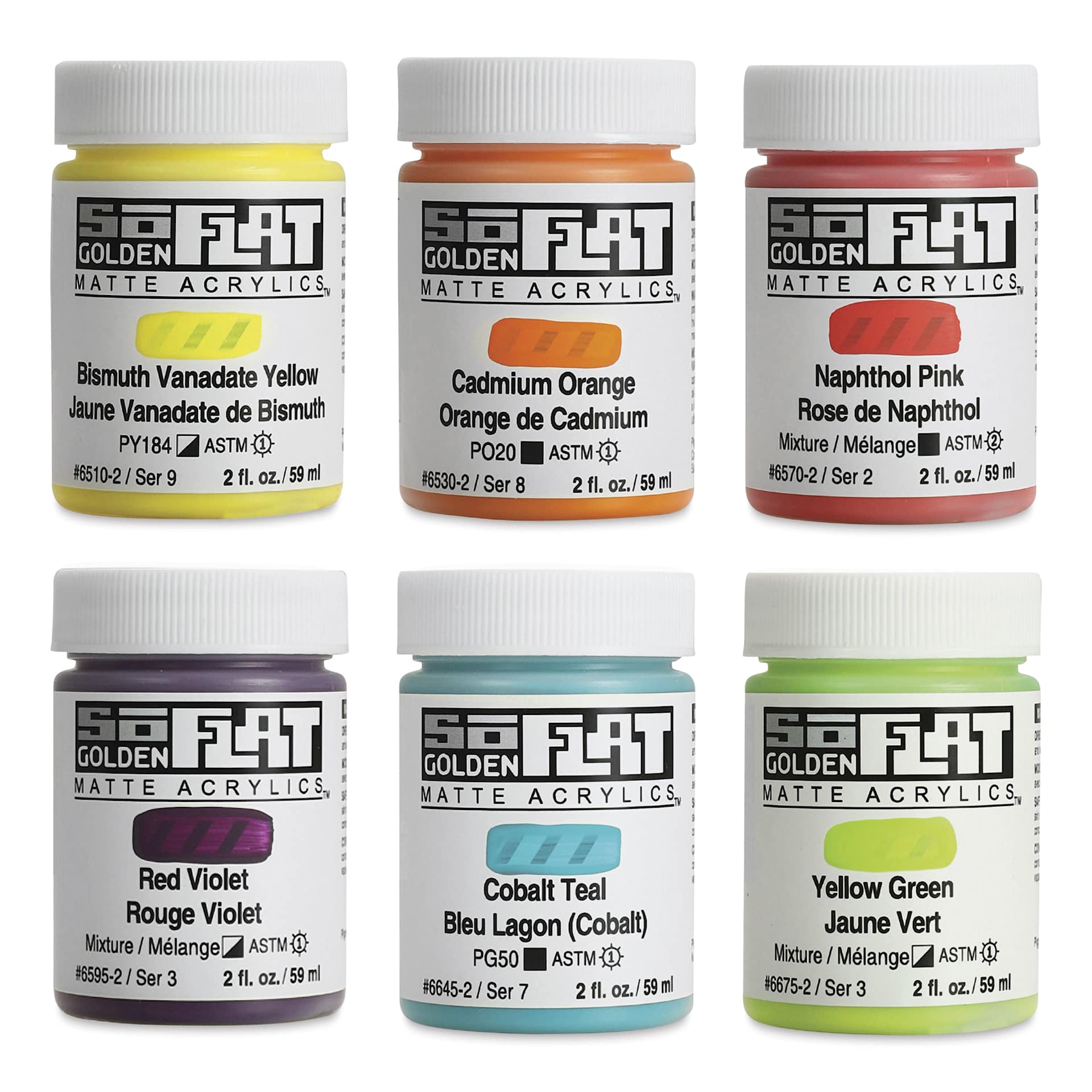 Golden SoFlat Matte Acrylic Paint - Zing, Set of 6, 59 ml, Jar, contents