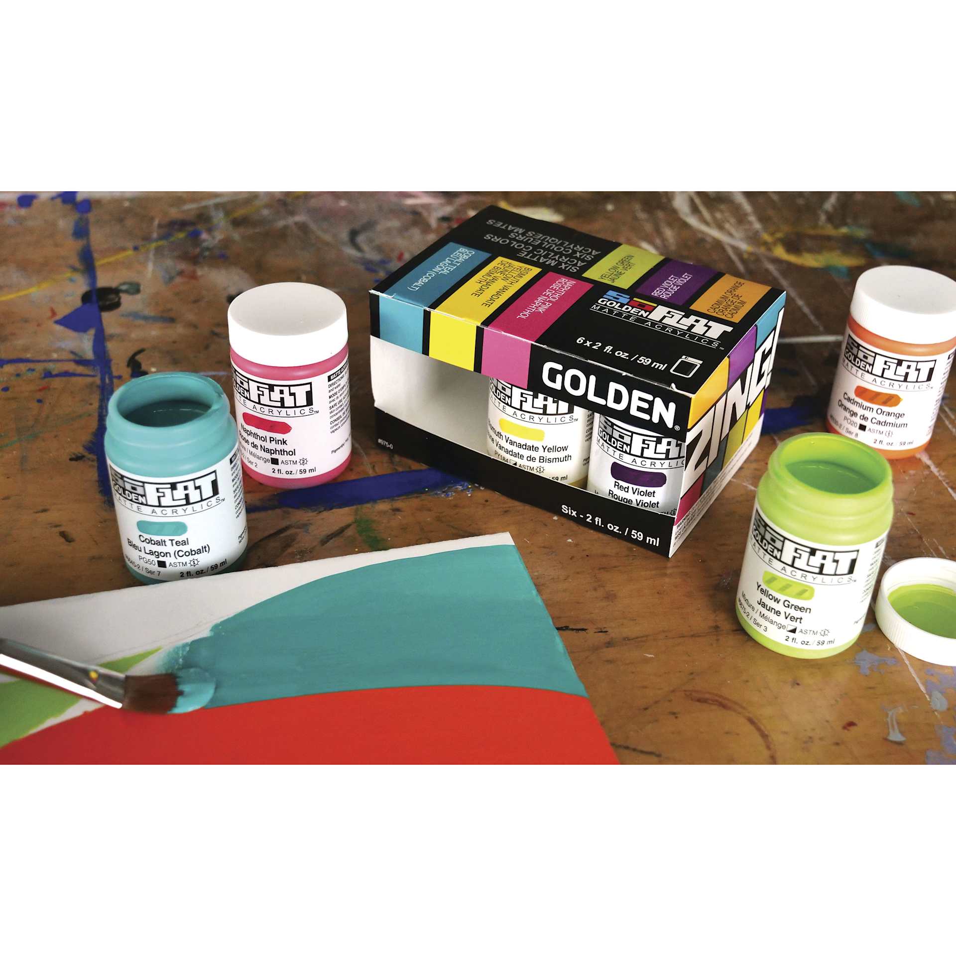 Golden SoFlat Matte Acrylic Paint - Zing, Set of 6, 59 ml, Jar, on desk