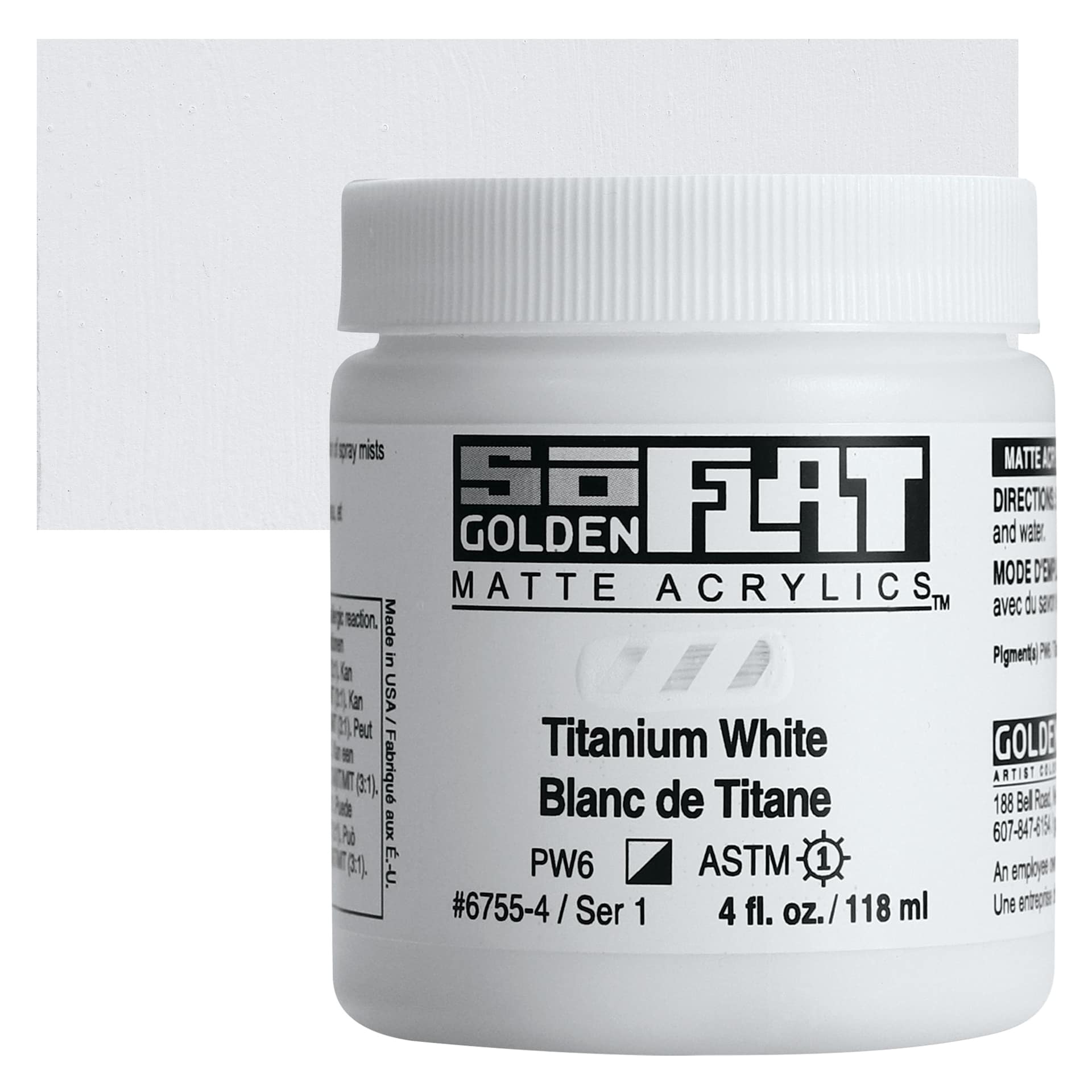 Golden SoFlat Matte Acrylic Paint - Titanium White, 118 ml, Jar and swatch
