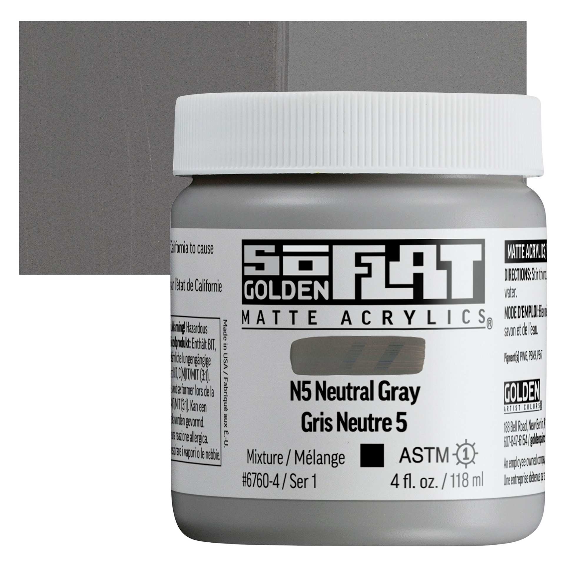 Golden SoFlat Matte Acrylic Paint - N5 Neutral Gray, 118 ml, Jar and swatch