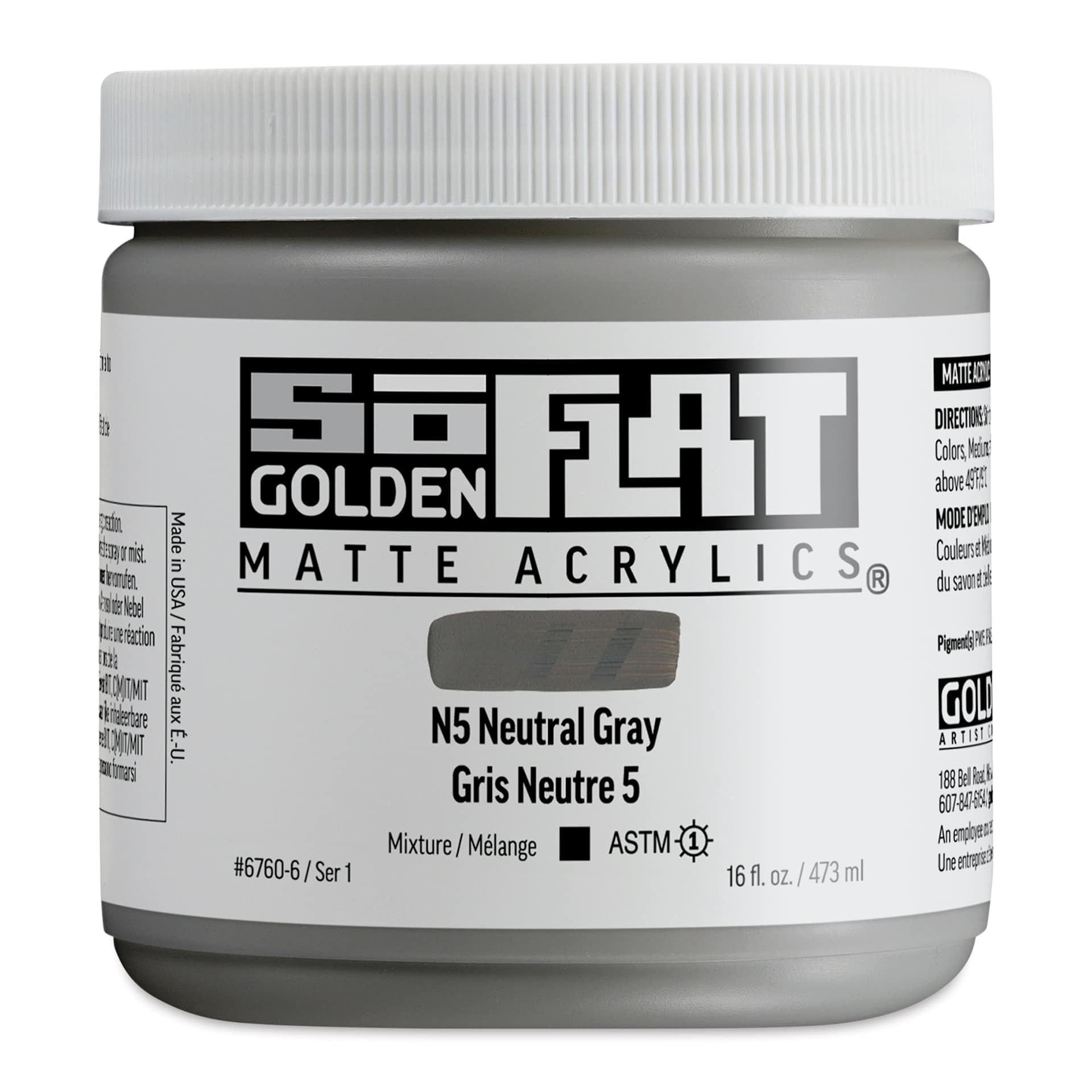 Golden SoFlat Matte Acrylic Paint - N5 Neutral Gray, 473 ml, Jar and swatch
