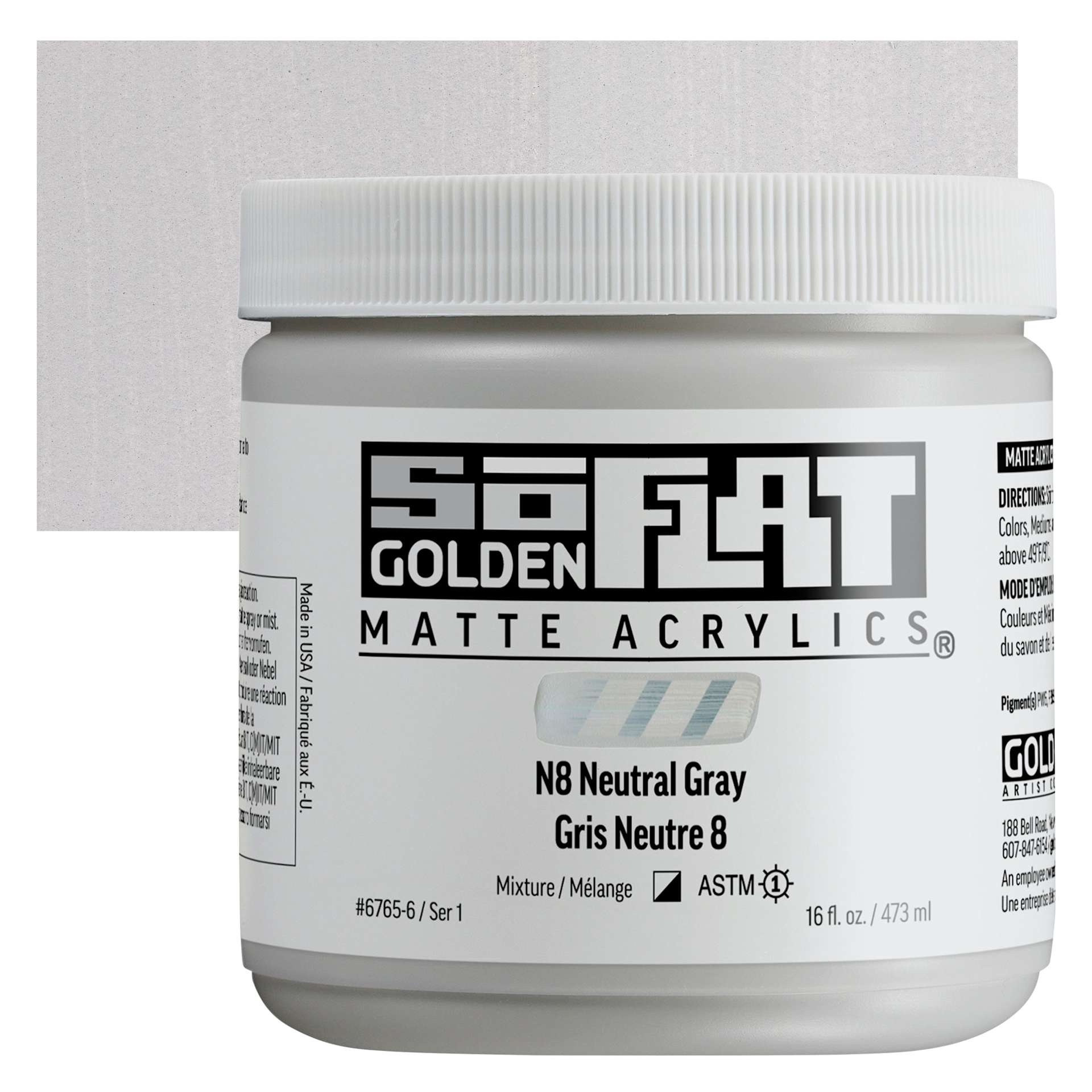 Golden SoFlat Matte Acrylic Paint - N8 Neutral Gray, 473 ml, Jar and swatch