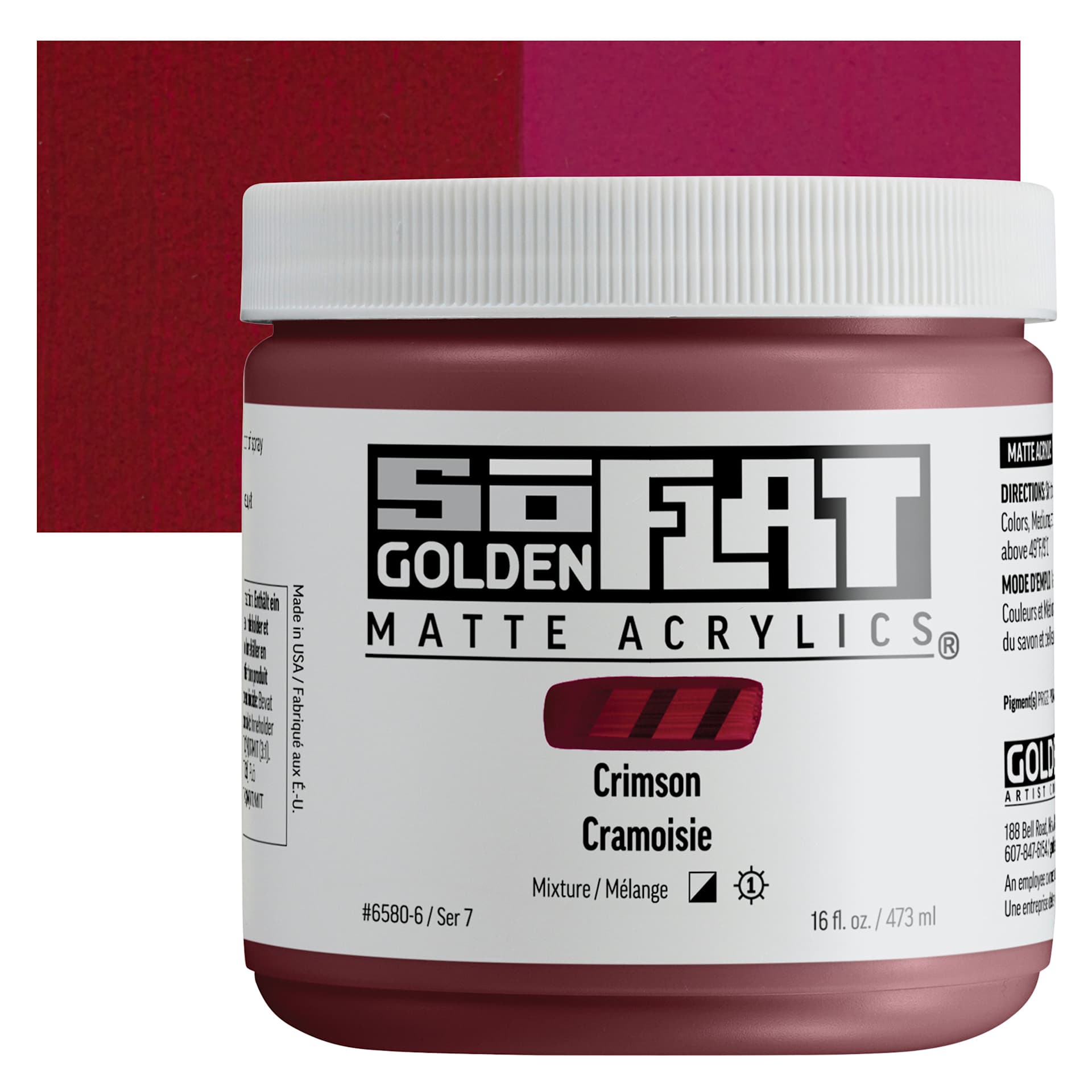 Golden SoFlat Matte Acrylic Paint - Crimson, 473 ml, Jar and swatch