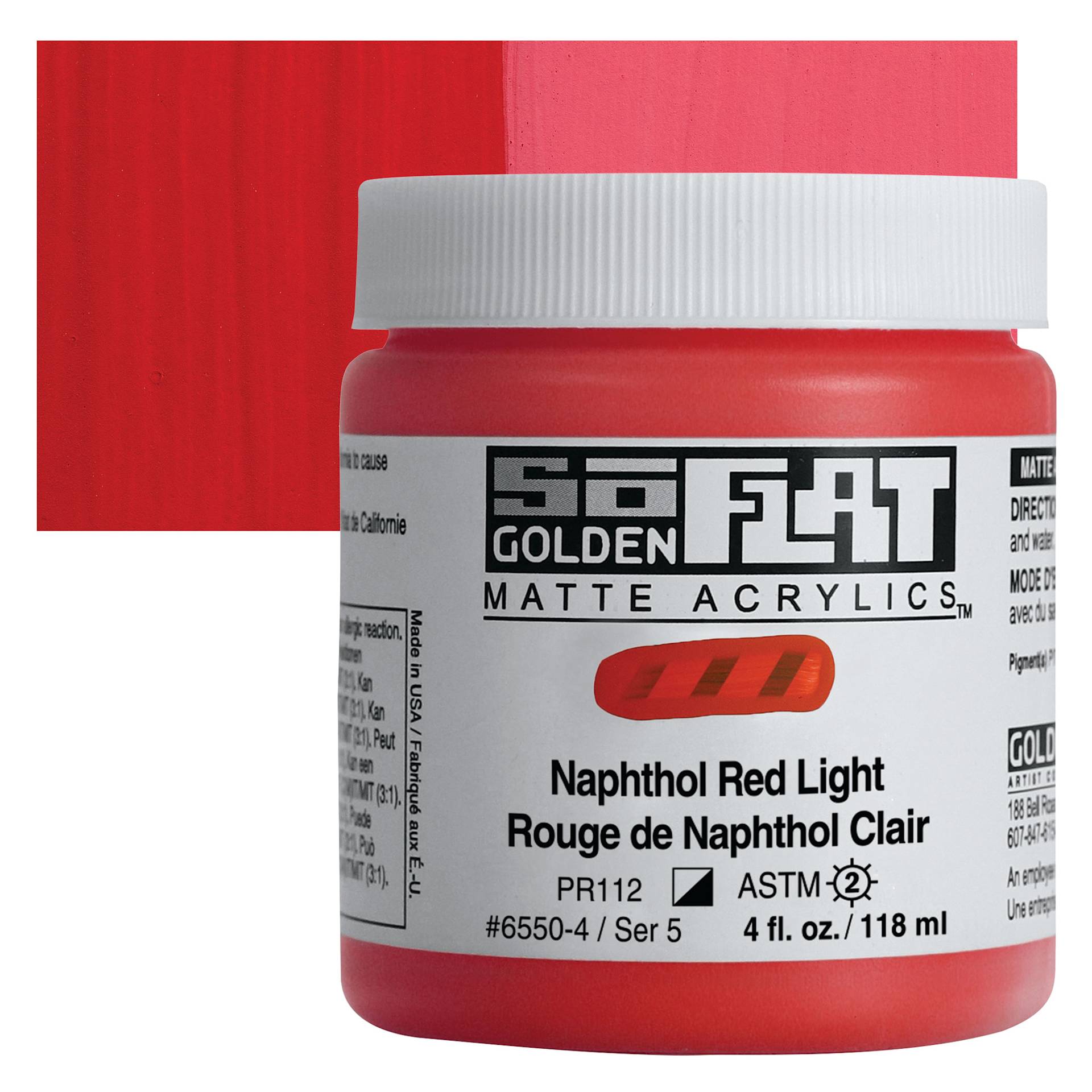 Golden SoFlat Matte Acrylic Paint - Naphthol Red Light, 118 ml, Jar and swatch