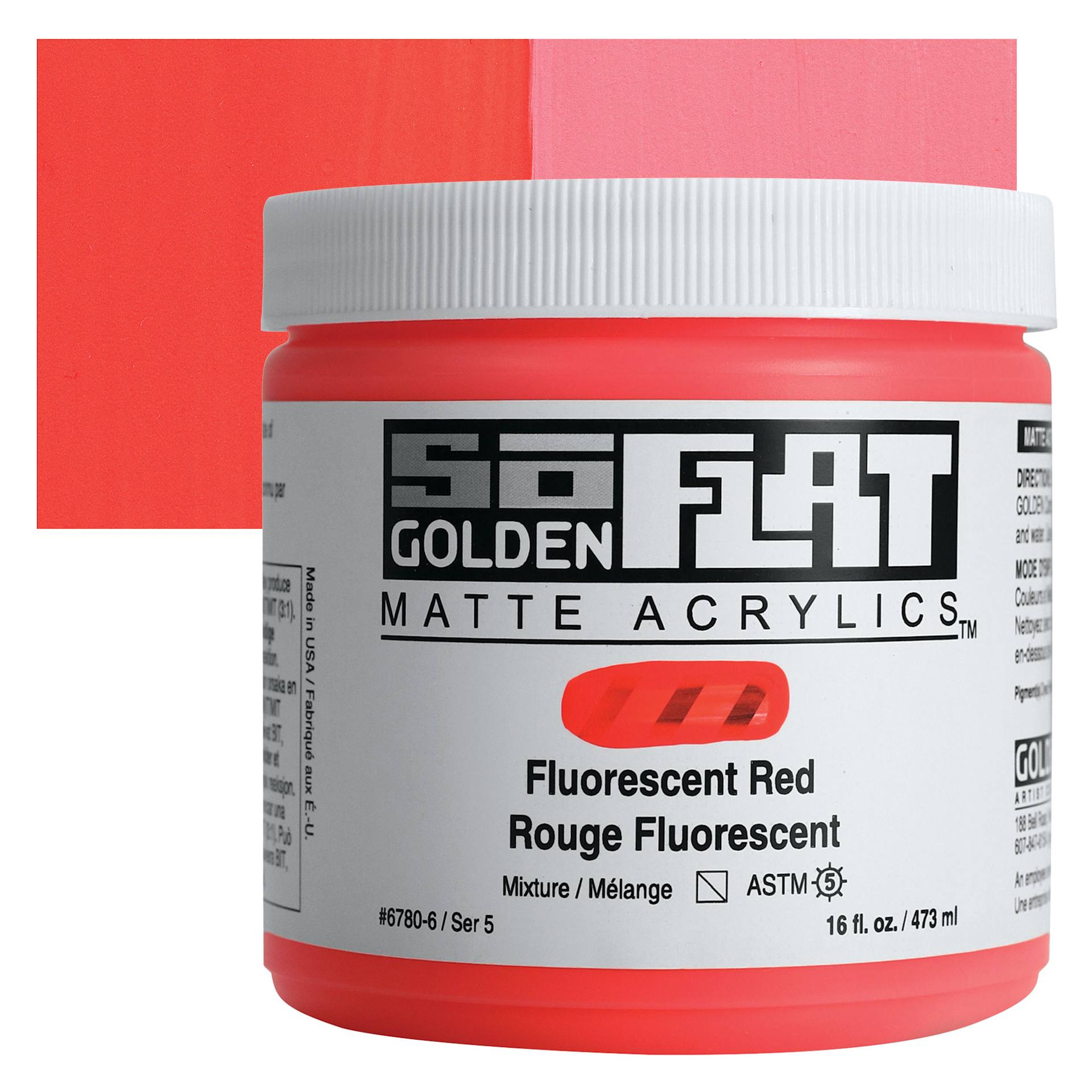 Golden SoFlat Matte Acrylic Paint - Fluorescent Red, 473 ml, Jar and swatch