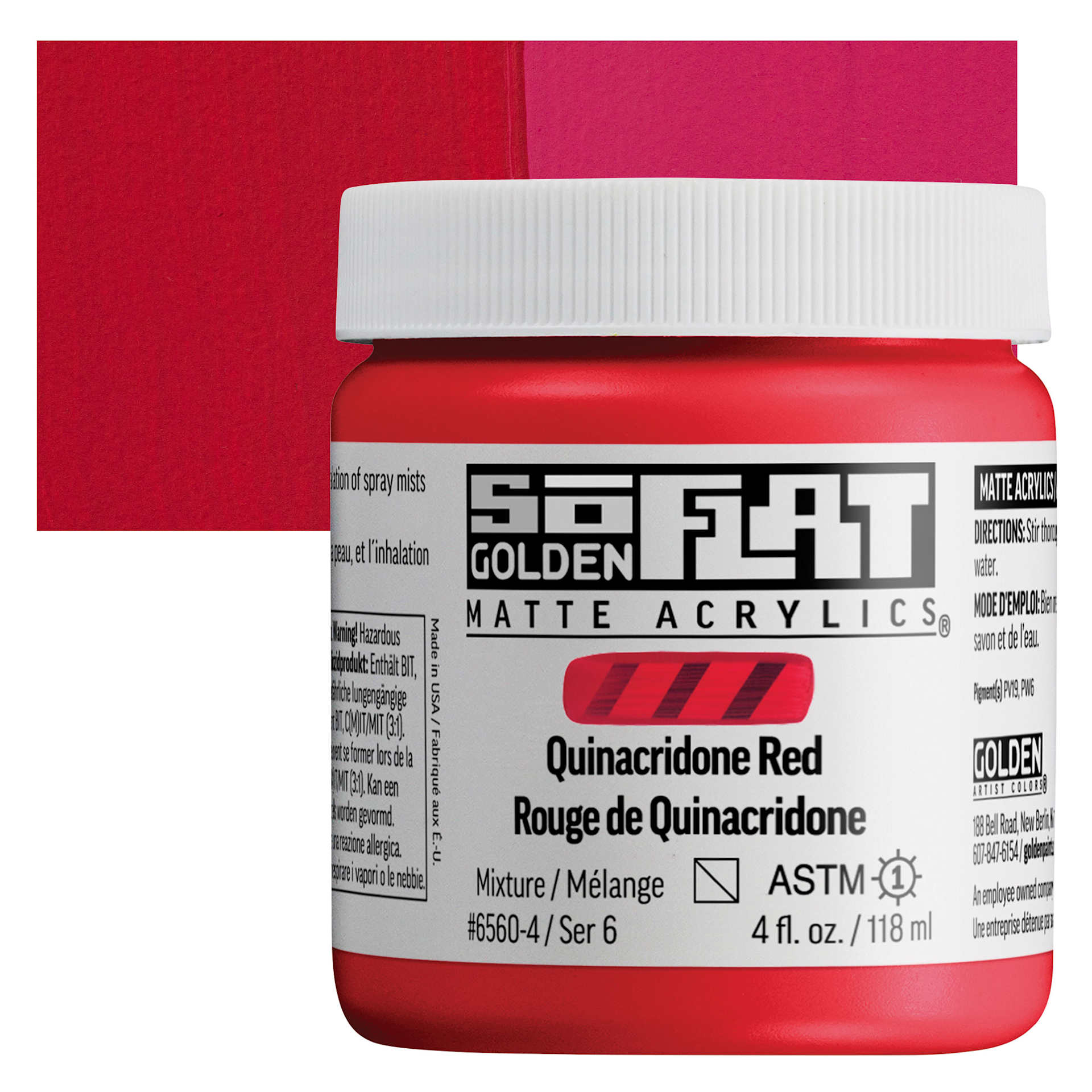 Golden SoFlat Matte Acrylic Paint - Quinacridone Red, 118 ml, Jar and swatch
