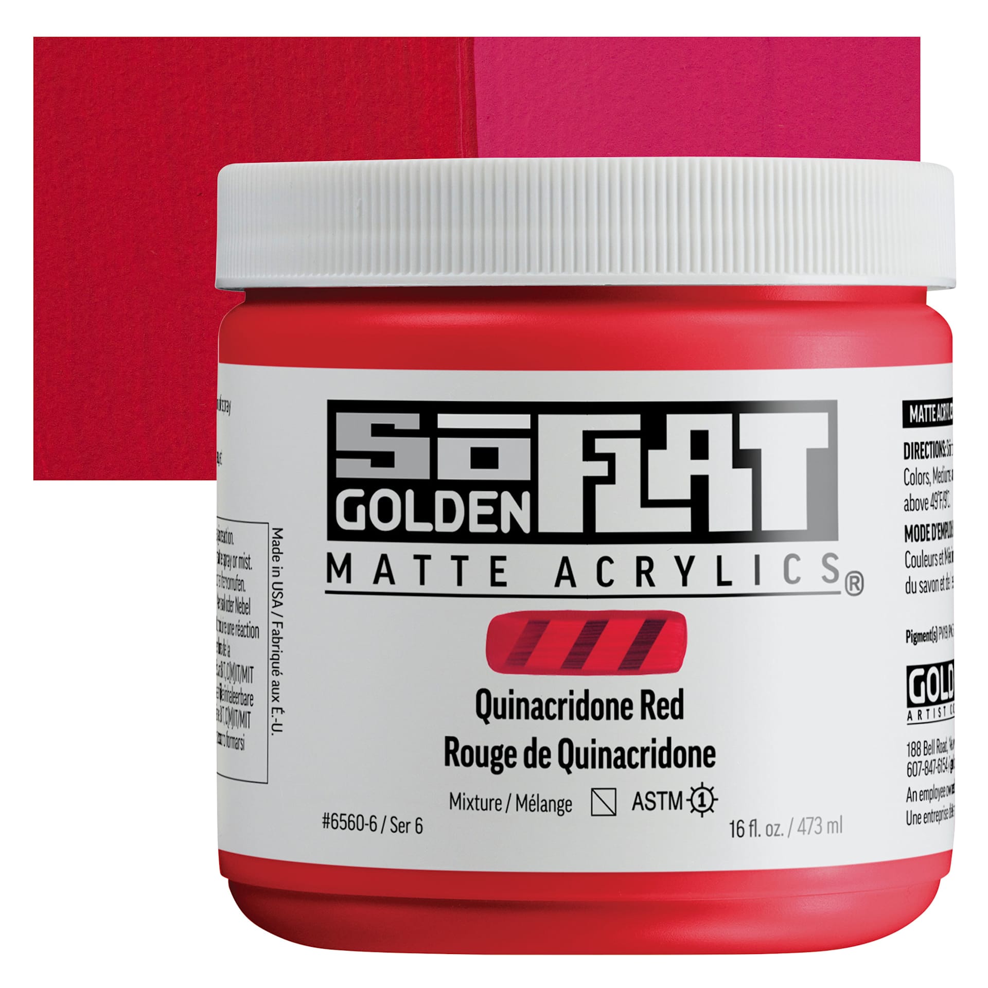 Golden SoFlat Matte Acrylic Paint - Quinacridone Red, 473 ml, Jar and swatch
