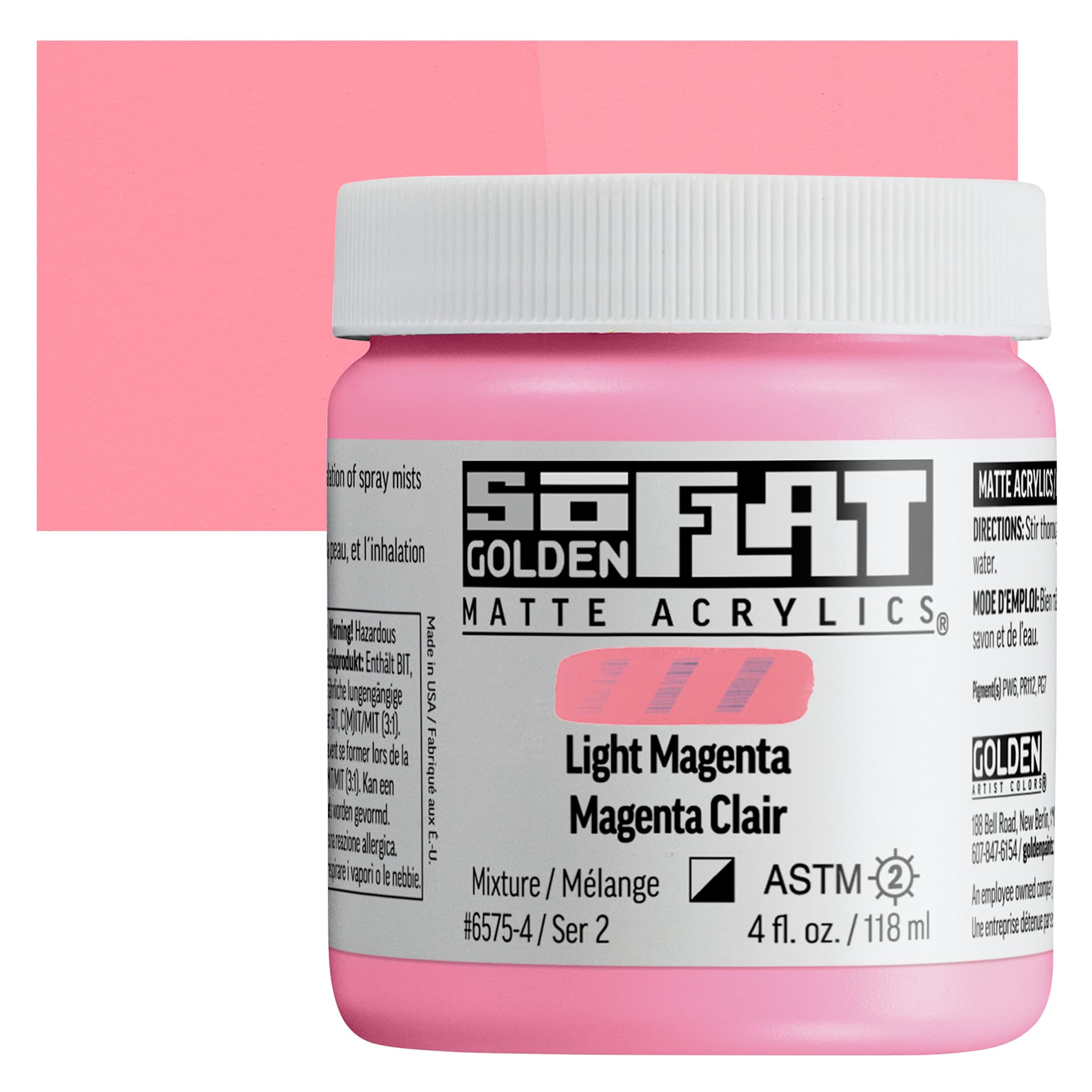 Golden SoFlat Matte Acrylic Paint - Light Magenta, 118 ml, Jar and swatch