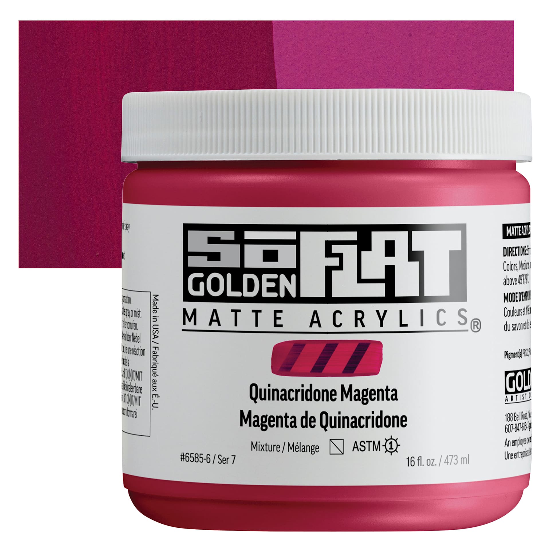 Golden SoFlat Matte Acrylic Paint - Quinacridone Magenta, 473 ml, Jar and swatch