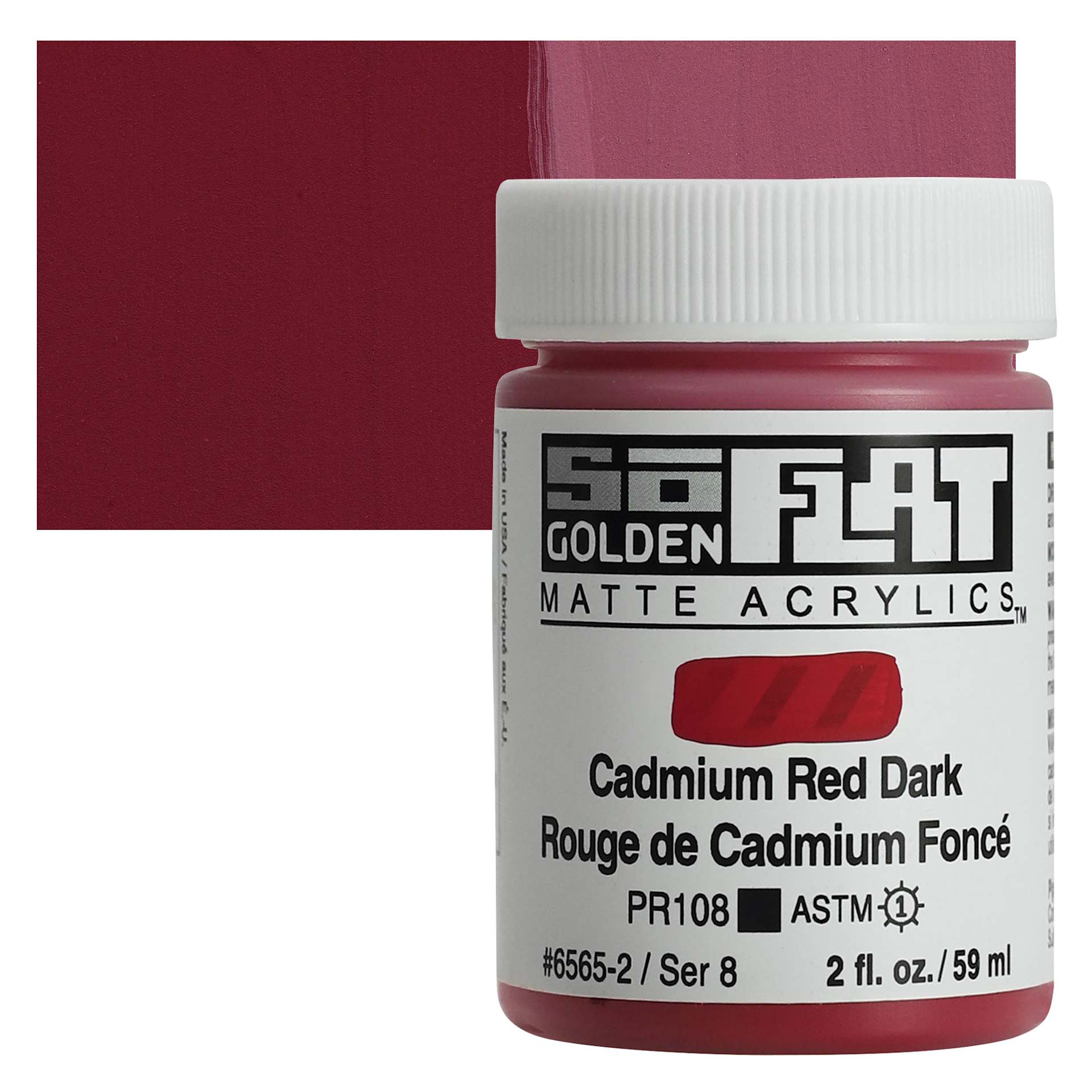 Golden SoFlat Matte Acrylic Paint - Cadmium Red Dark, 59 ml, Jar and swatch