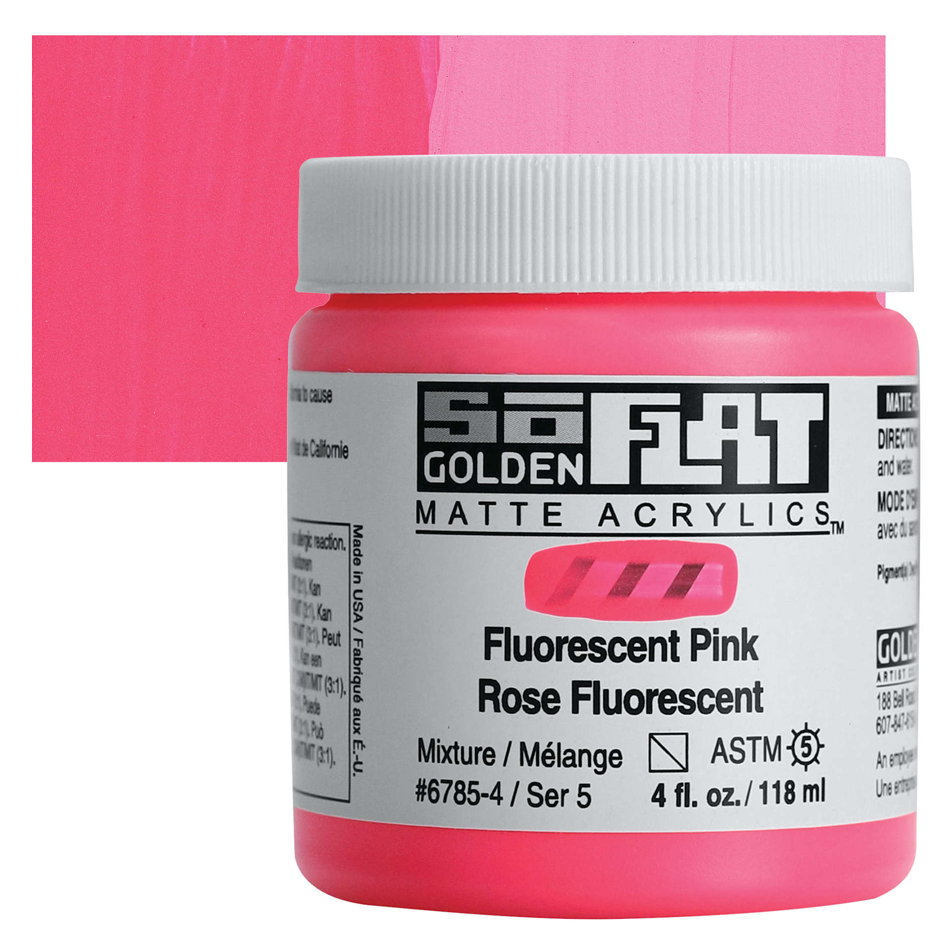 Golden SoFlat Matte Acrylic Paint - Fluorescent Pink, 118 ml, Jar and swatch