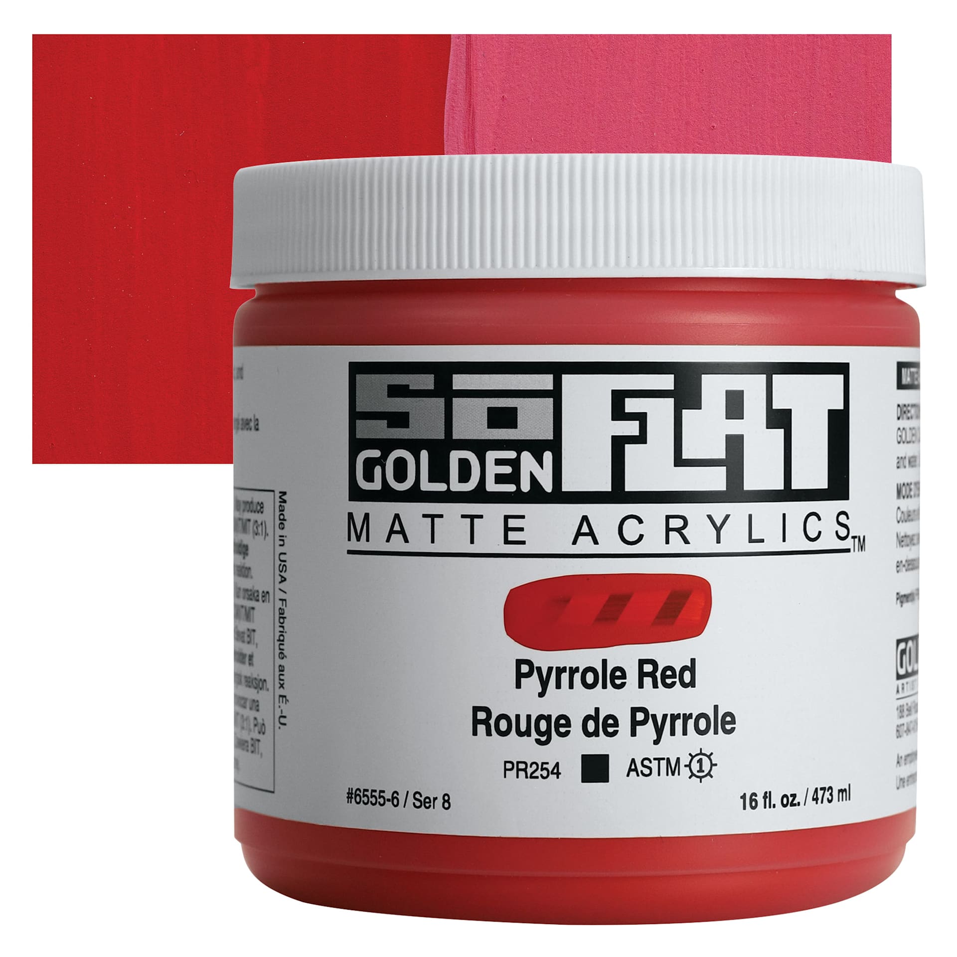 Golden SoFlat Matte Acrylic Paint - Pyrrole Red, 473 ml, Jar and swatch