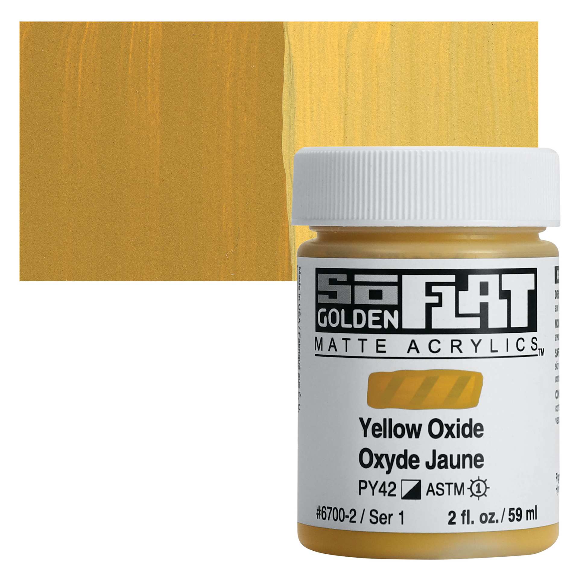 Golden SoFlat Matte Acrylic Paint - Yellow Oxide, 59 ml, Jar and swatch