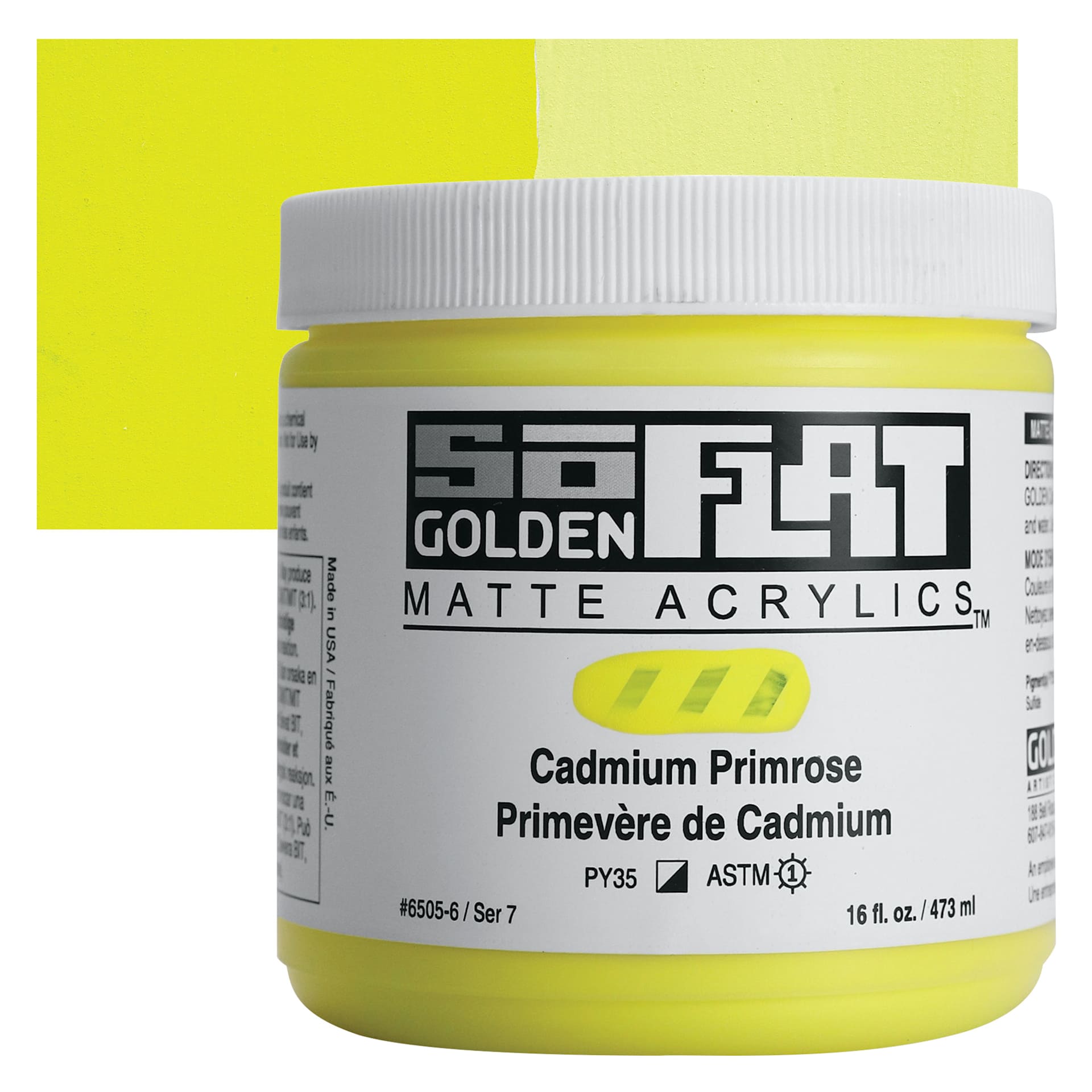 Golden SoFlat Matte Acrylic Paint - Cadmium Primrose, 473 ml, Jar and swatch