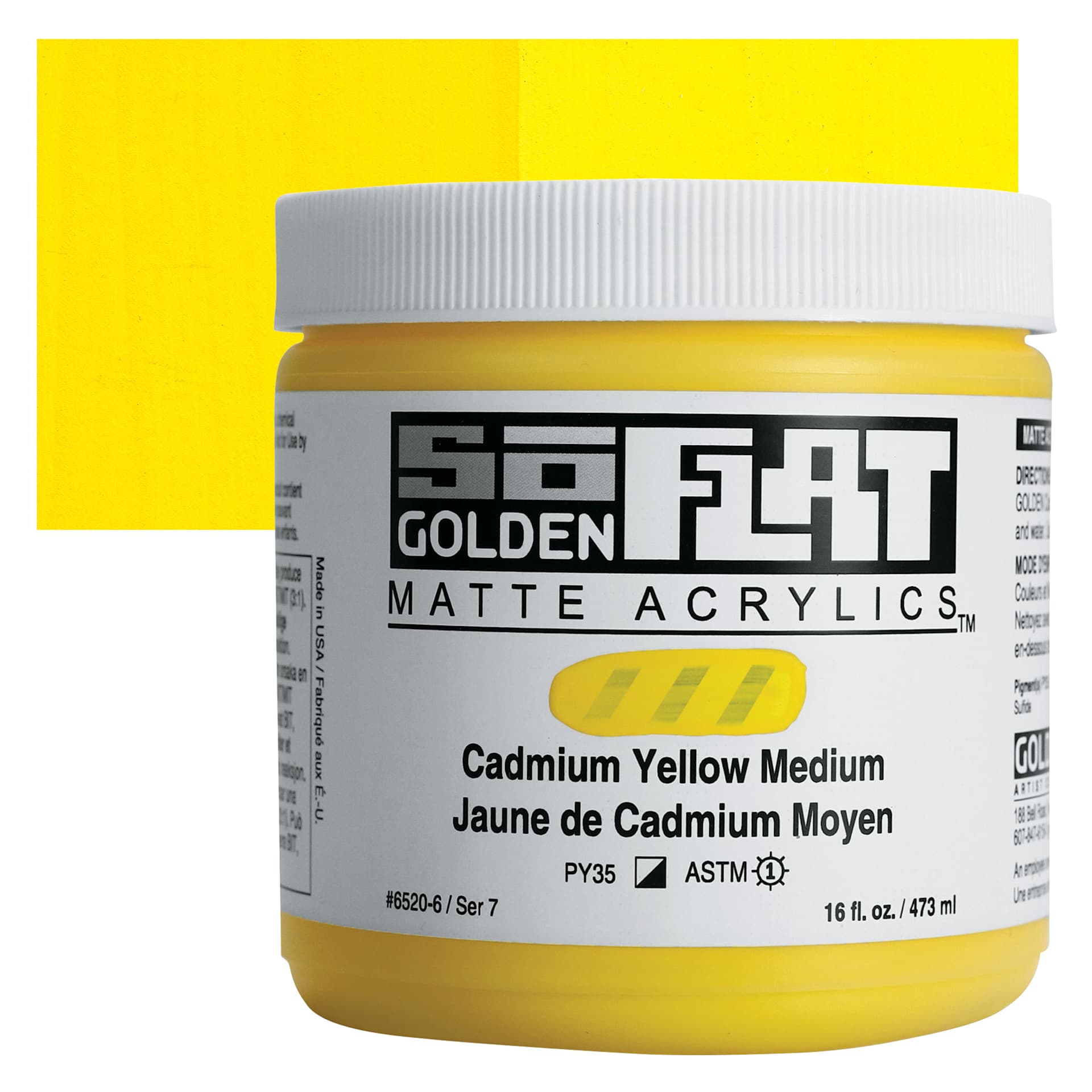 Golden SoFlat Matte Acrylic Paint - Cadmium Yellow Medium, 473 ml, Jar and swatch