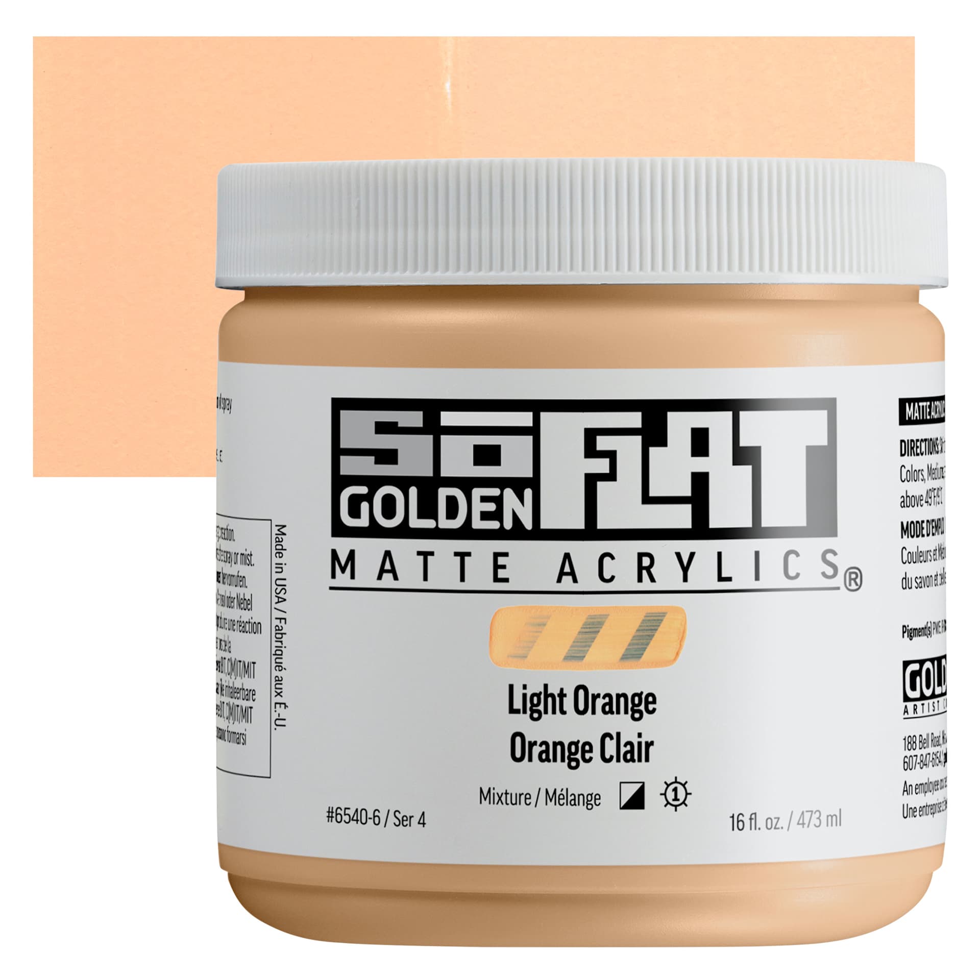 Golden SoFlat Matte Acrylic Paint - Light Orange, 473 ml, Jar and swatch