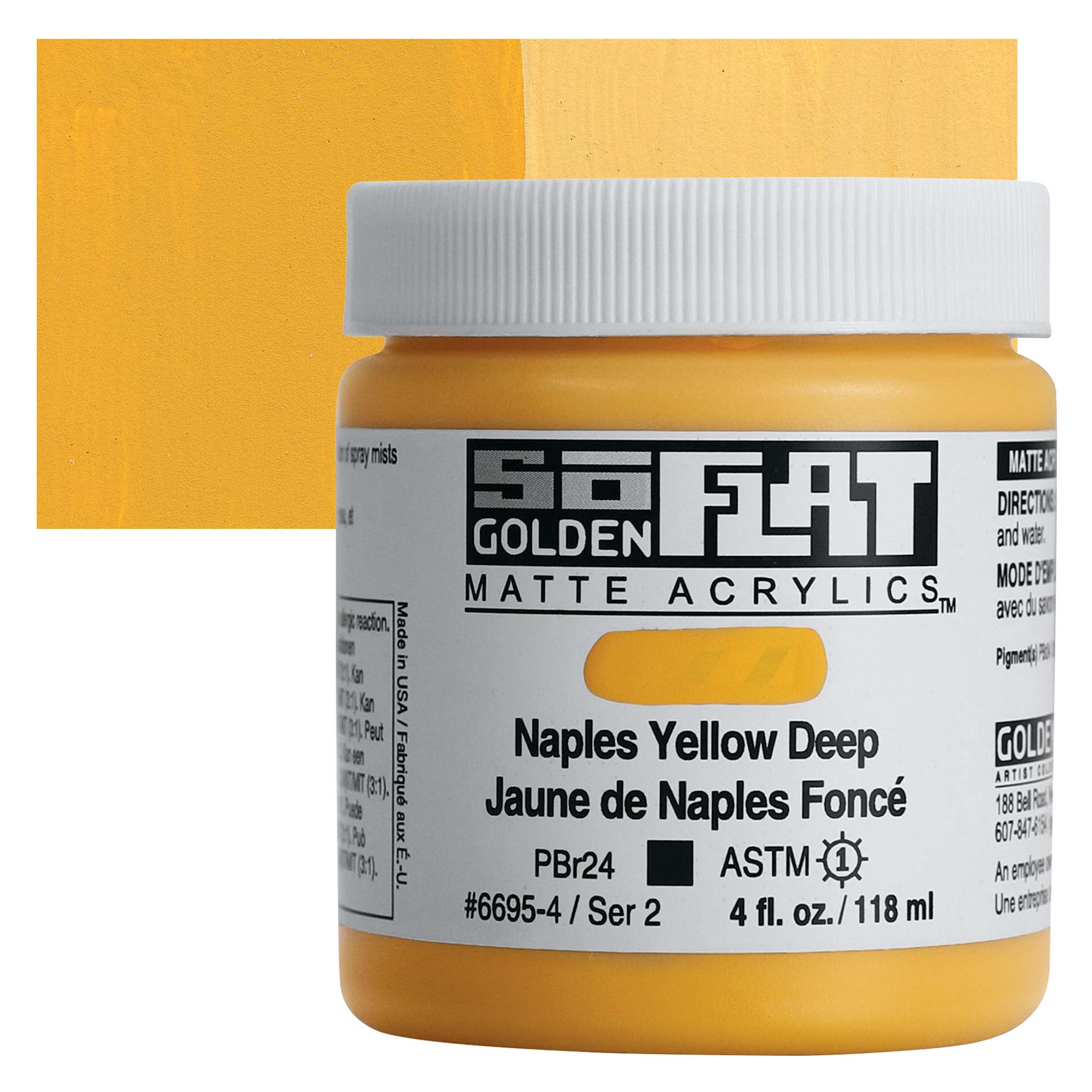 Golden SoFlat Matte Acrylic Paint - Naples Yellow Deep, 118 ml, Jar and swatch