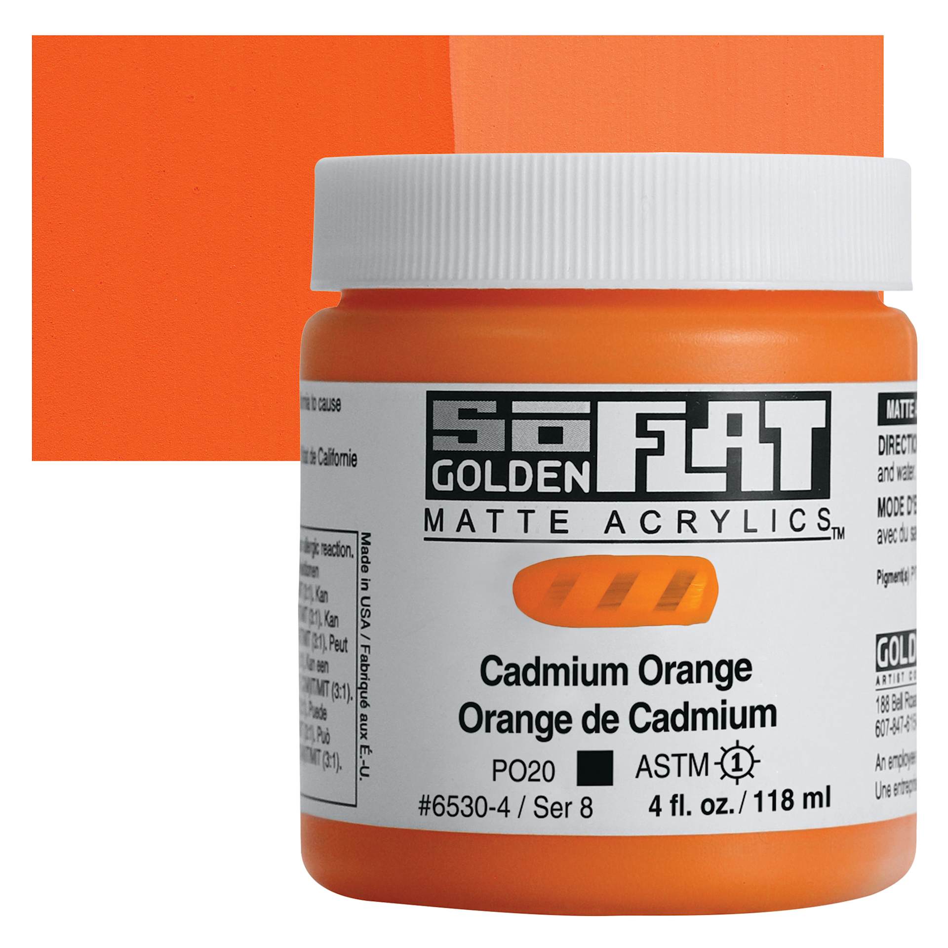 Golden SoFlat Matte Acrylic Paint - Cadmium Orange, 118 ml, Jar and swatch