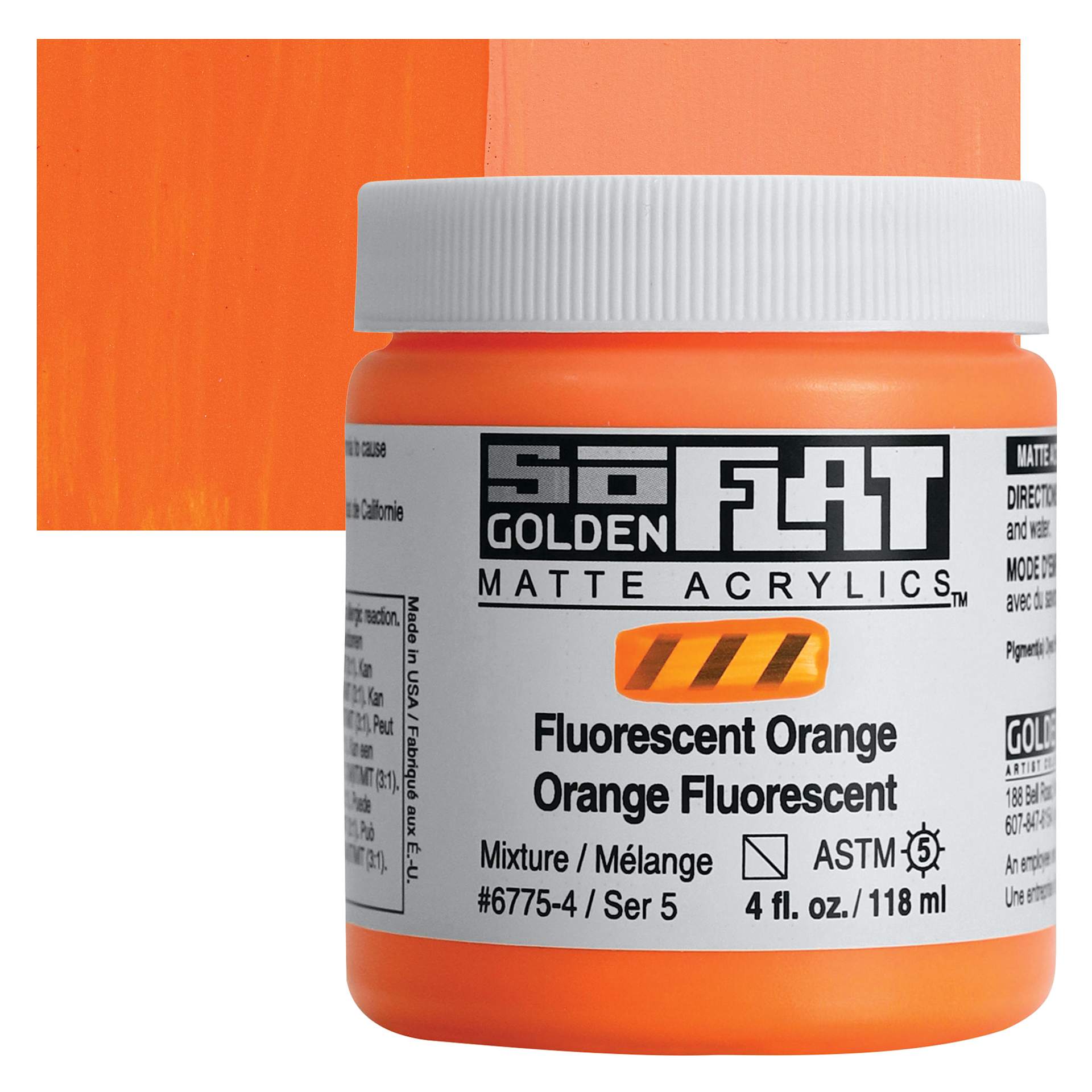 Golden SoFlat Matte Acrylic Paint - Fluorescent Orange, 118 ml, Jar and swatch