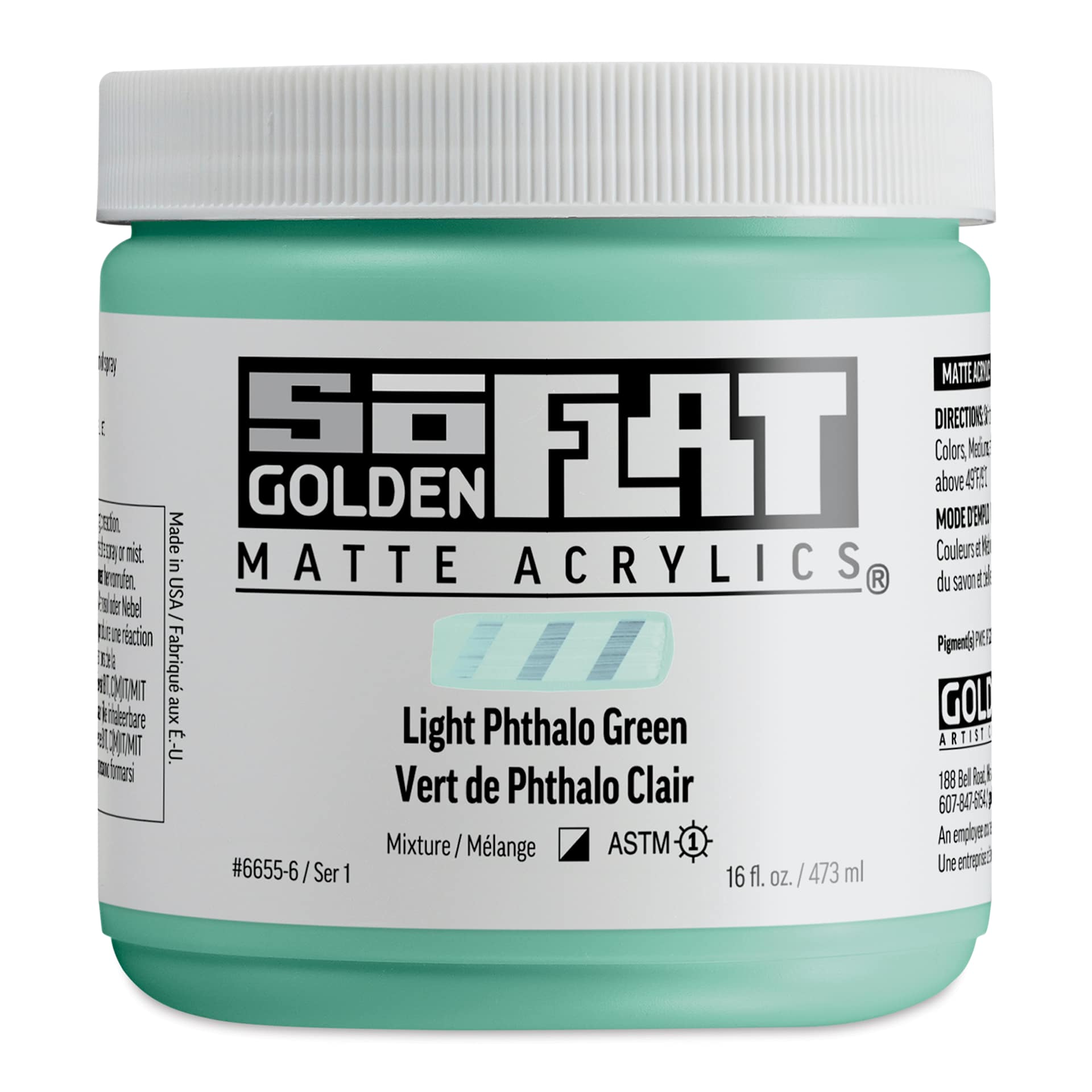 Golden SoFlat Matte Acrylic Paint - Light Phthalo Green, 473 ml, Jar