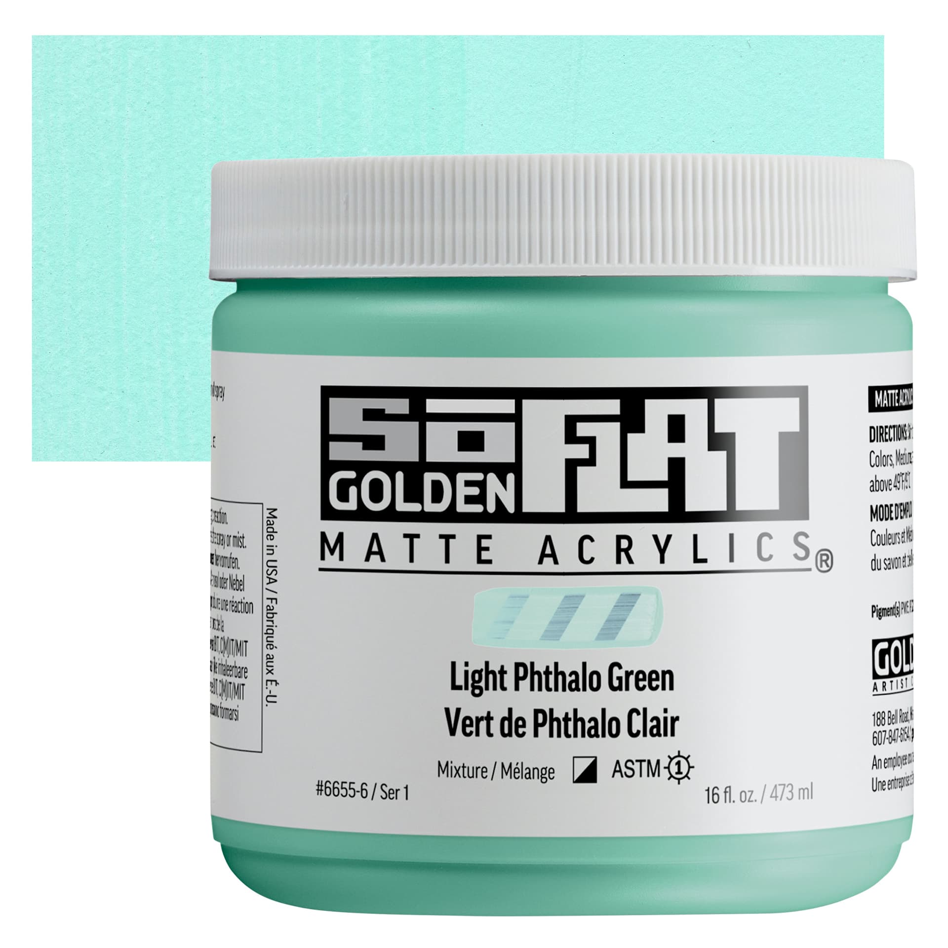 Golden SoFlat Matte Acrylic Paint - Light Phthalo Green, 473 ml, Jar and swatch