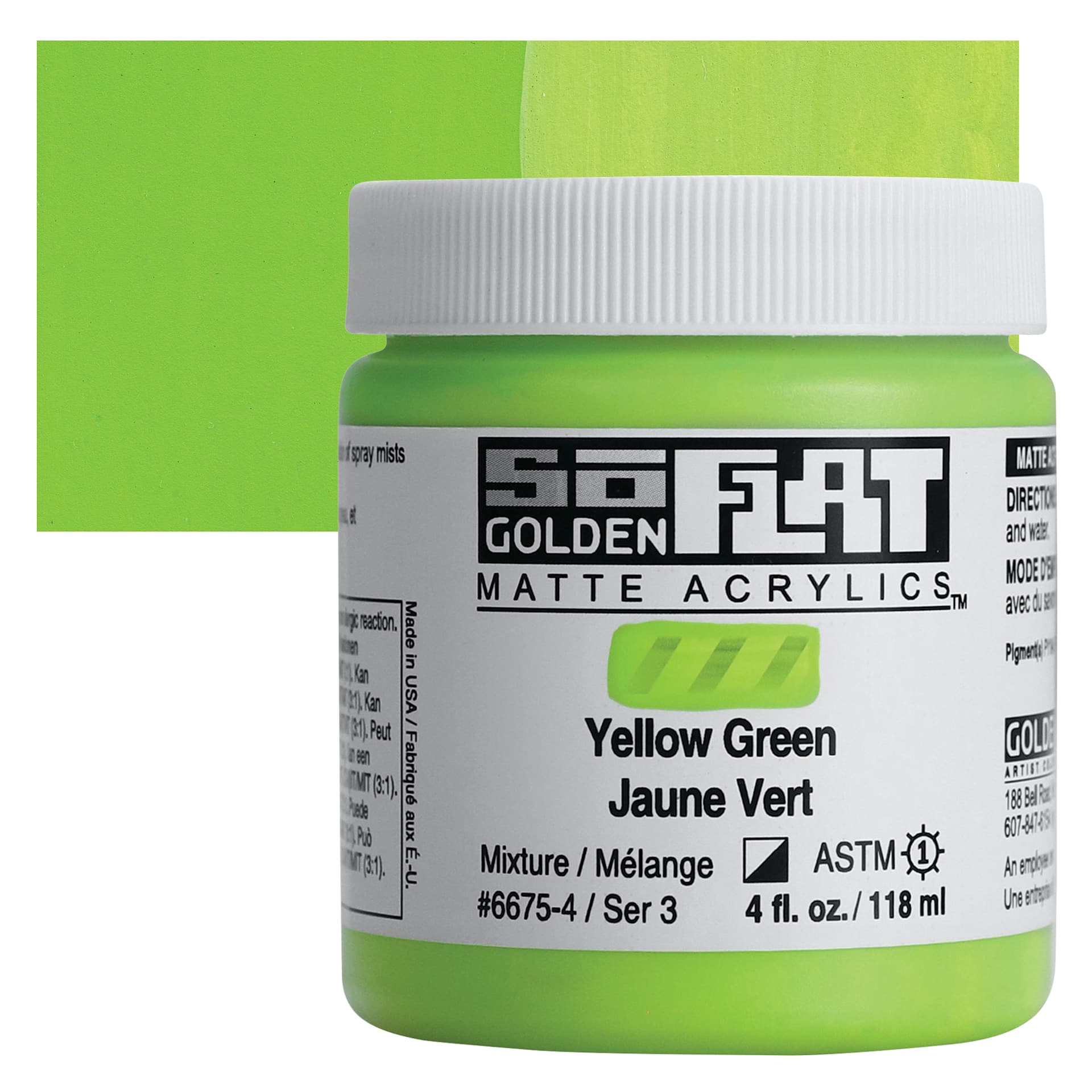 Golden SoFlat Matte Acrylic Paint - Yellow Green, 118 ml, Jar and swatch