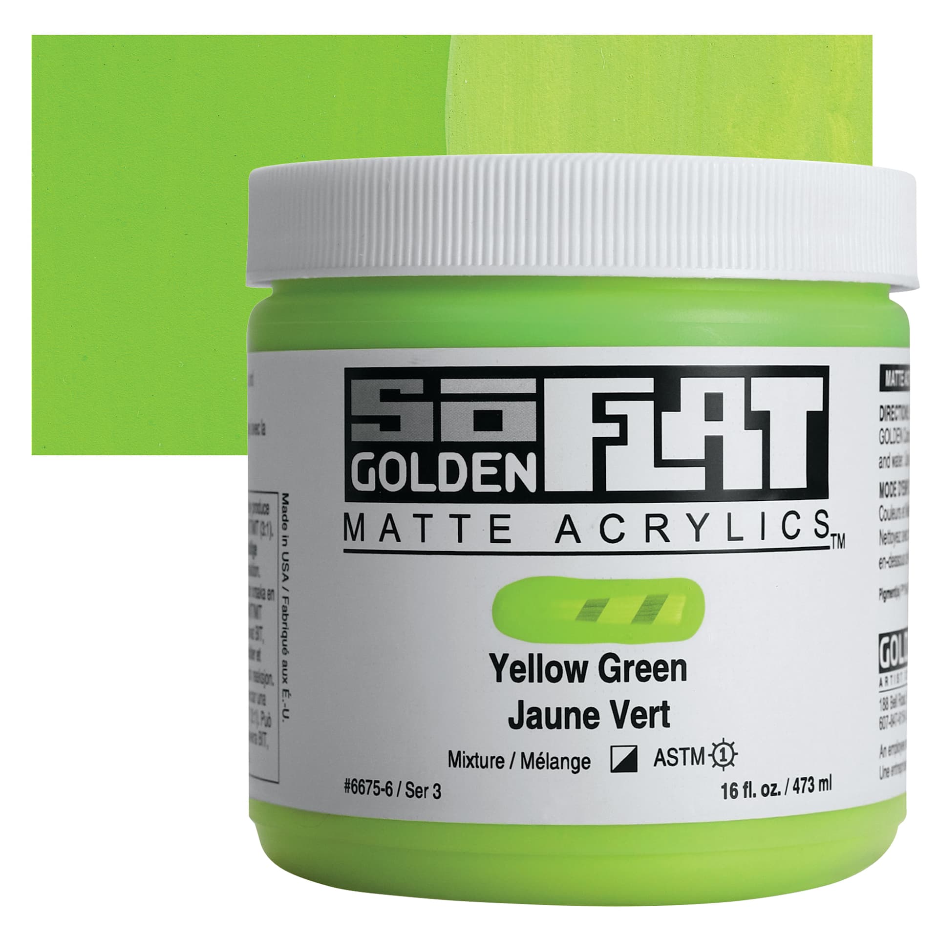 Golden SoFlat Matte Acrylic Paint - Yellow Green, 473 ml, Jar and swatch