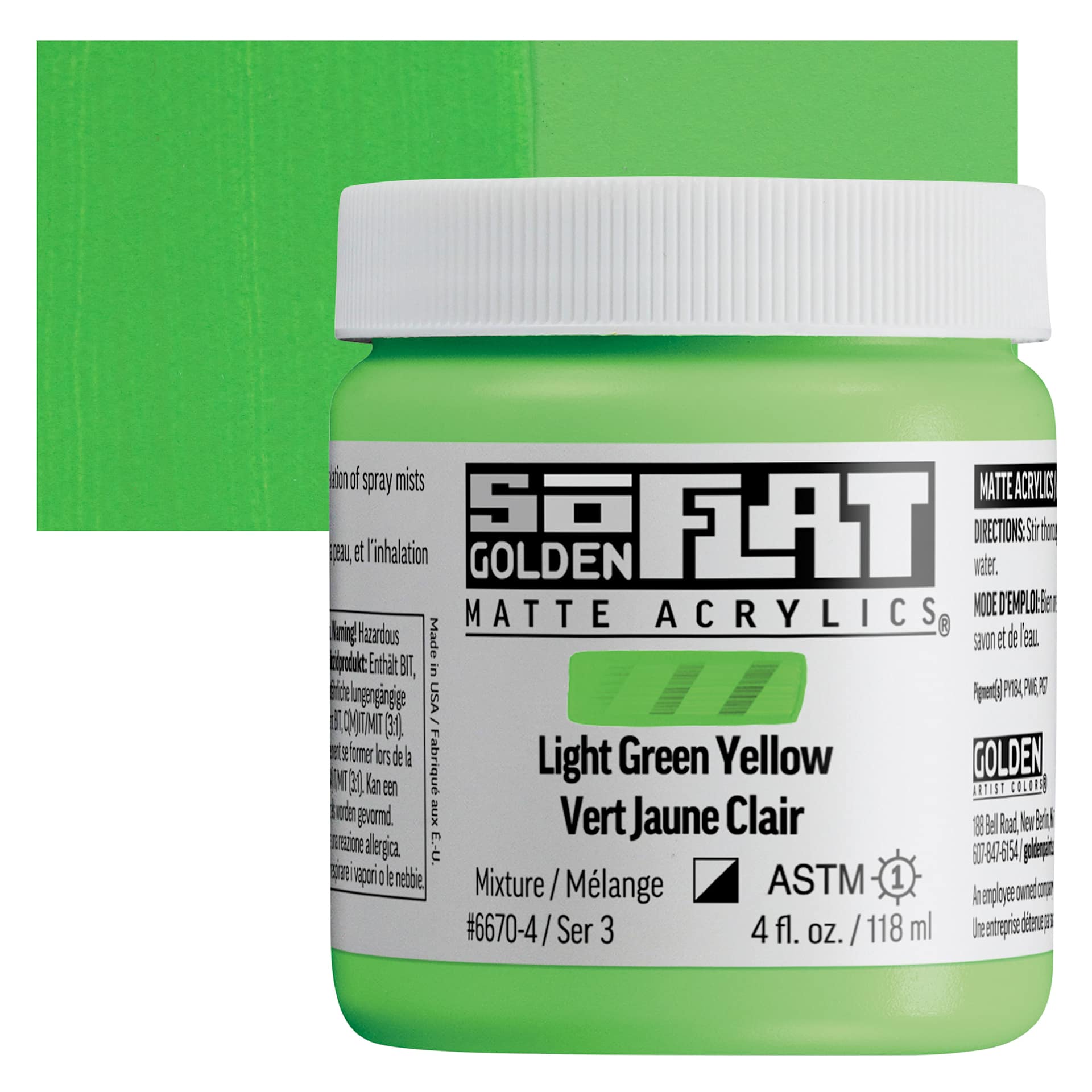 Golden SoFlat Matte Acrylic Paint - Light Green Yellow, 118 ml, Jar and swatch