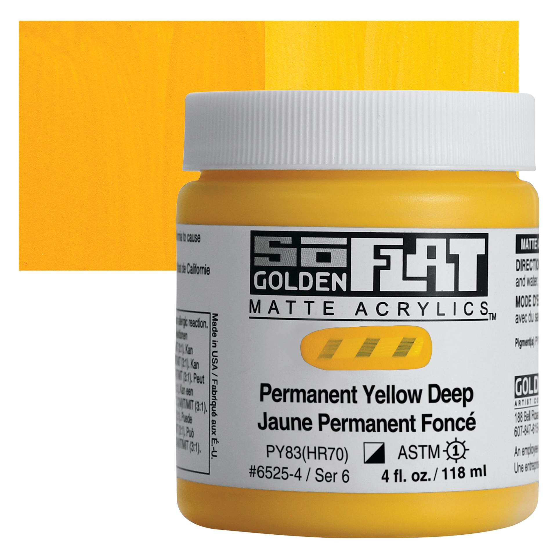 Golden SoFlat Matte Acrylic Paint - Permanent Yellow Deep, 118 ml, Jar and swatch