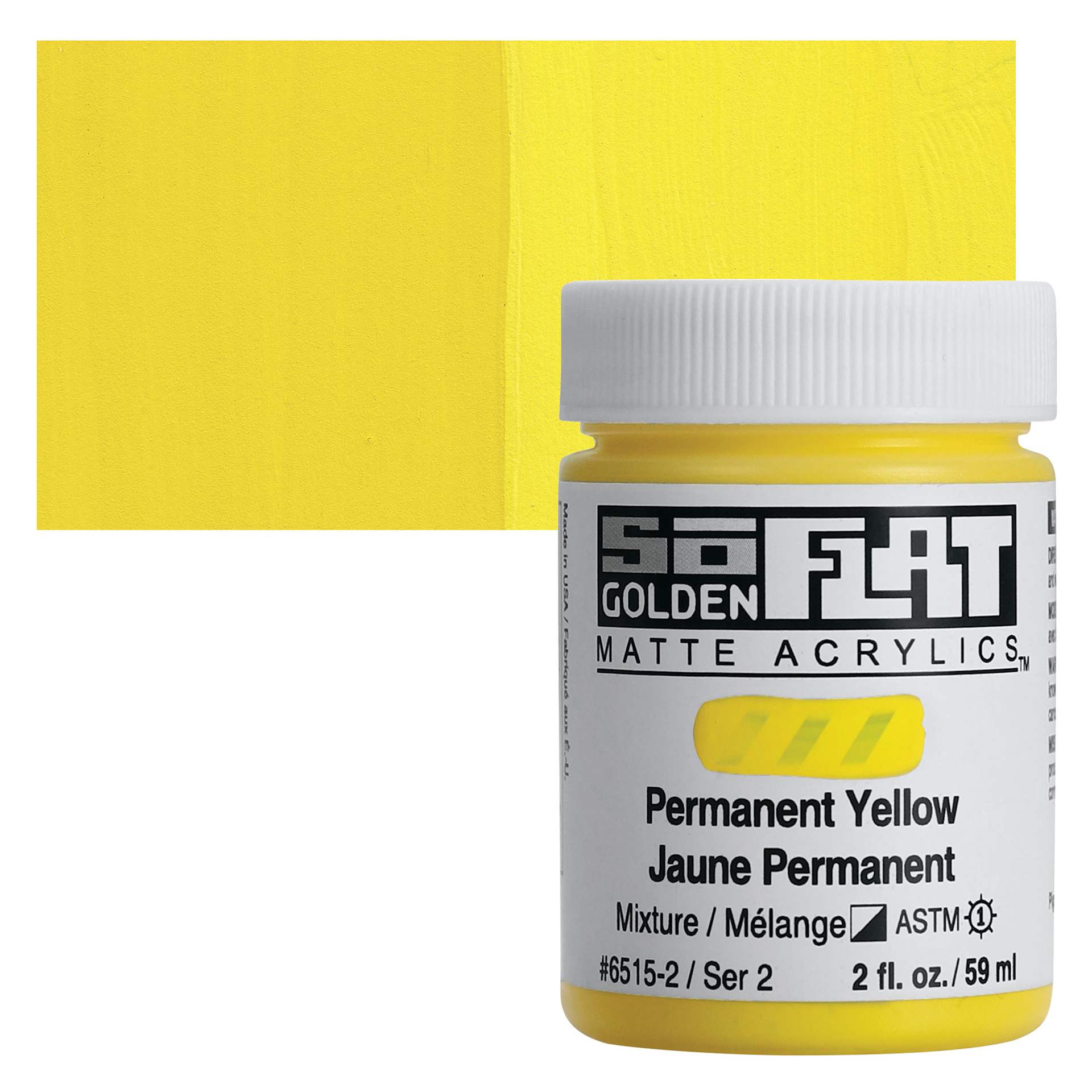Golden SoFlat Matte Acrylic Paint - Permanent Yellow, 59 ml, Jar and swatch
