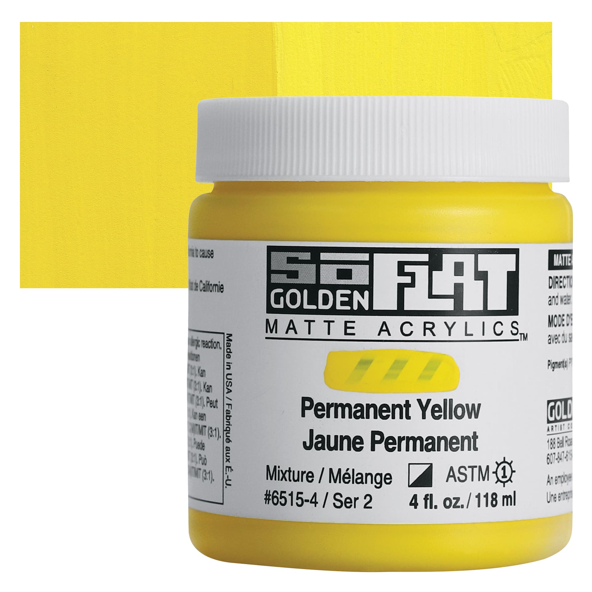 Golden SoFlat Matte Acrylic Paint - Permanent Yellow, 118 ml, Jar and swatch