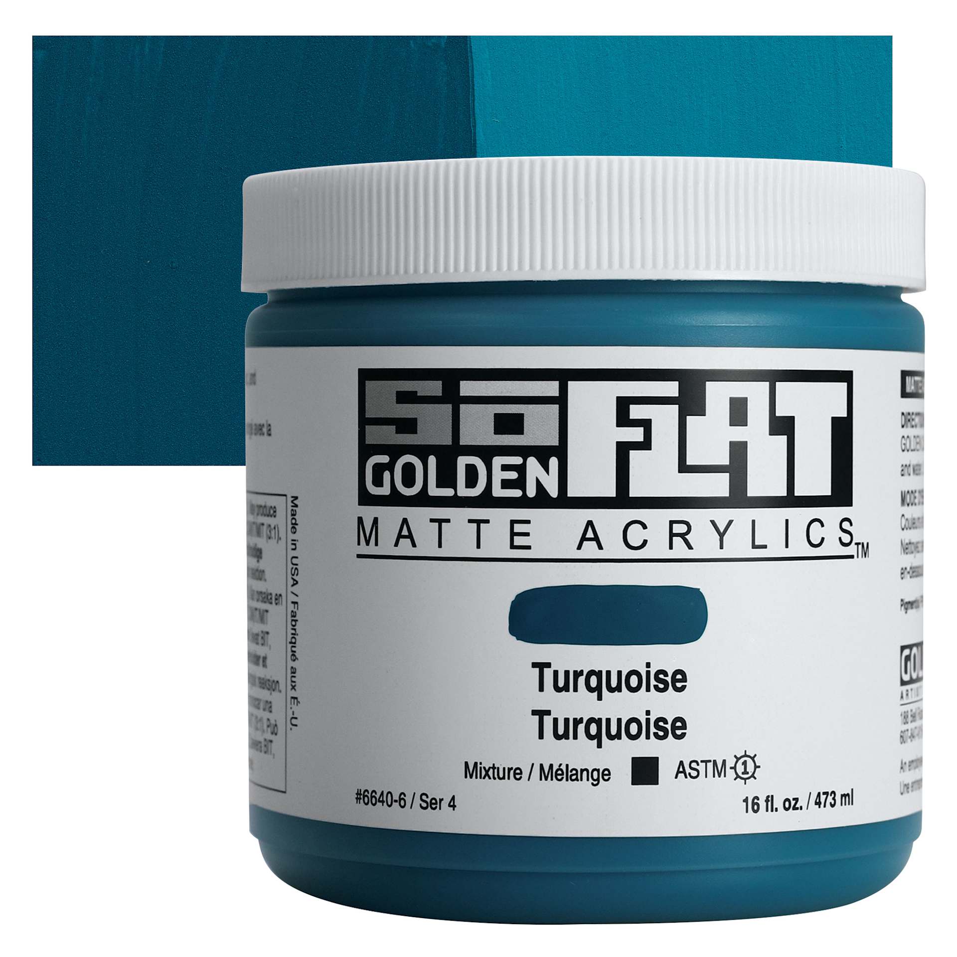 Golden SoFlat Matte Acrylic Paint - Turquoise, 473 ml, Jar and swatch