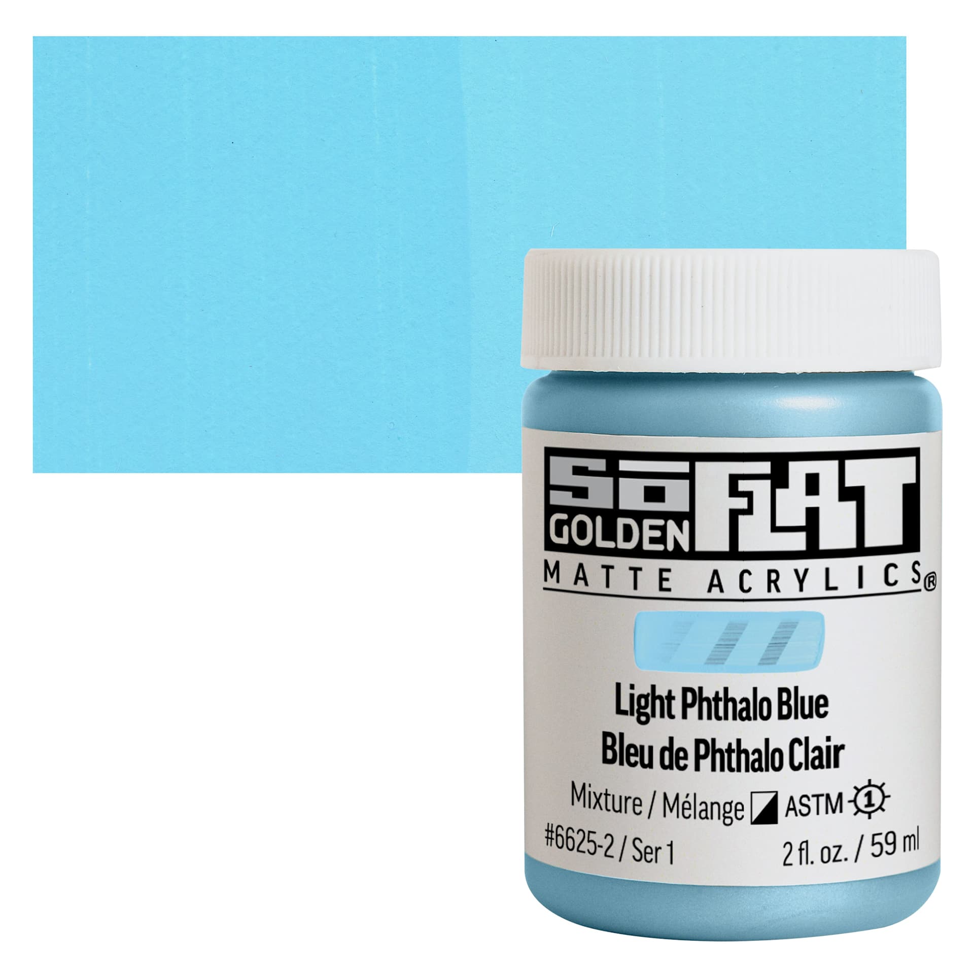 Golden SoFlat Matte Acrylic Paint - Light Phthalo Blue, 59 ml, Jar and swatch