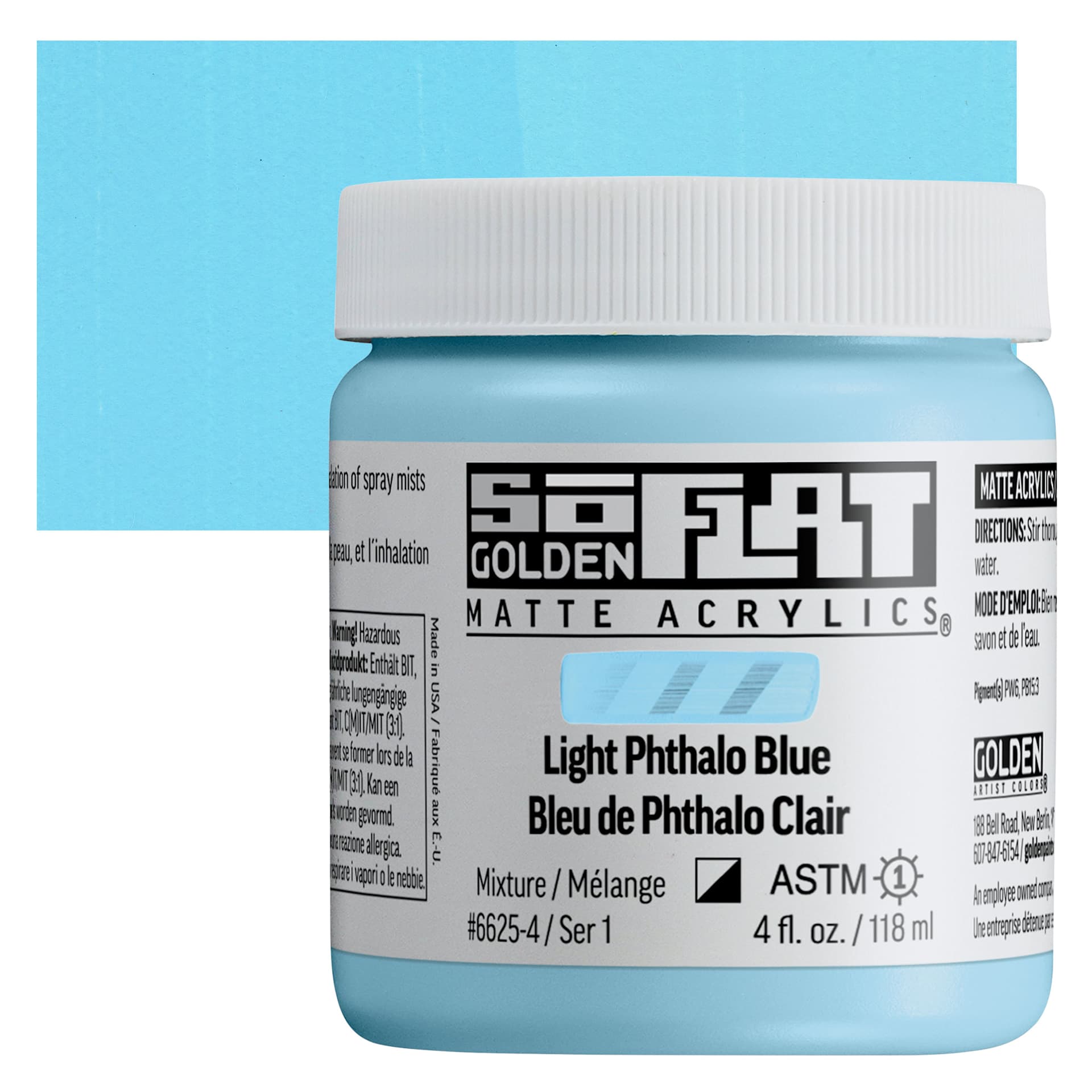 Golden SoFlat Matte Acrylic Paint - Light Phthalo Blue, 118 ml, Jar and swatch
