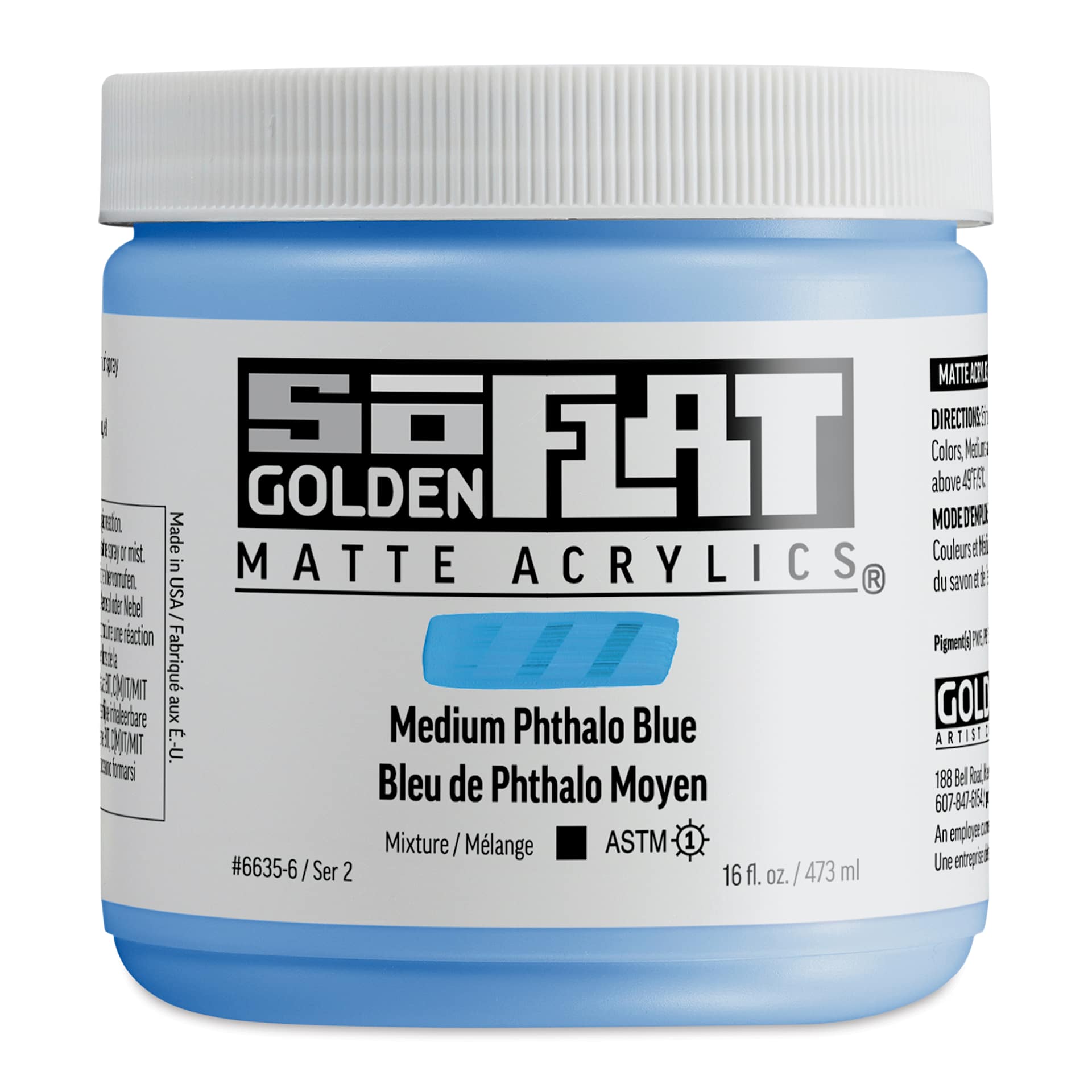 Golden SoFlat Matte Acrylic Paint - Medium Phthalo Blue, 473 ml, Jar