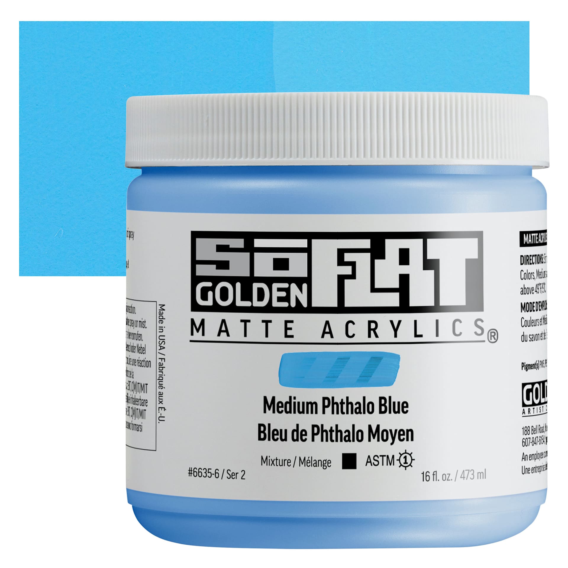 Golden SoFlat Matte Acrylic Paint - Medium Phthalo Blue, 473 ml, Jar and swatch