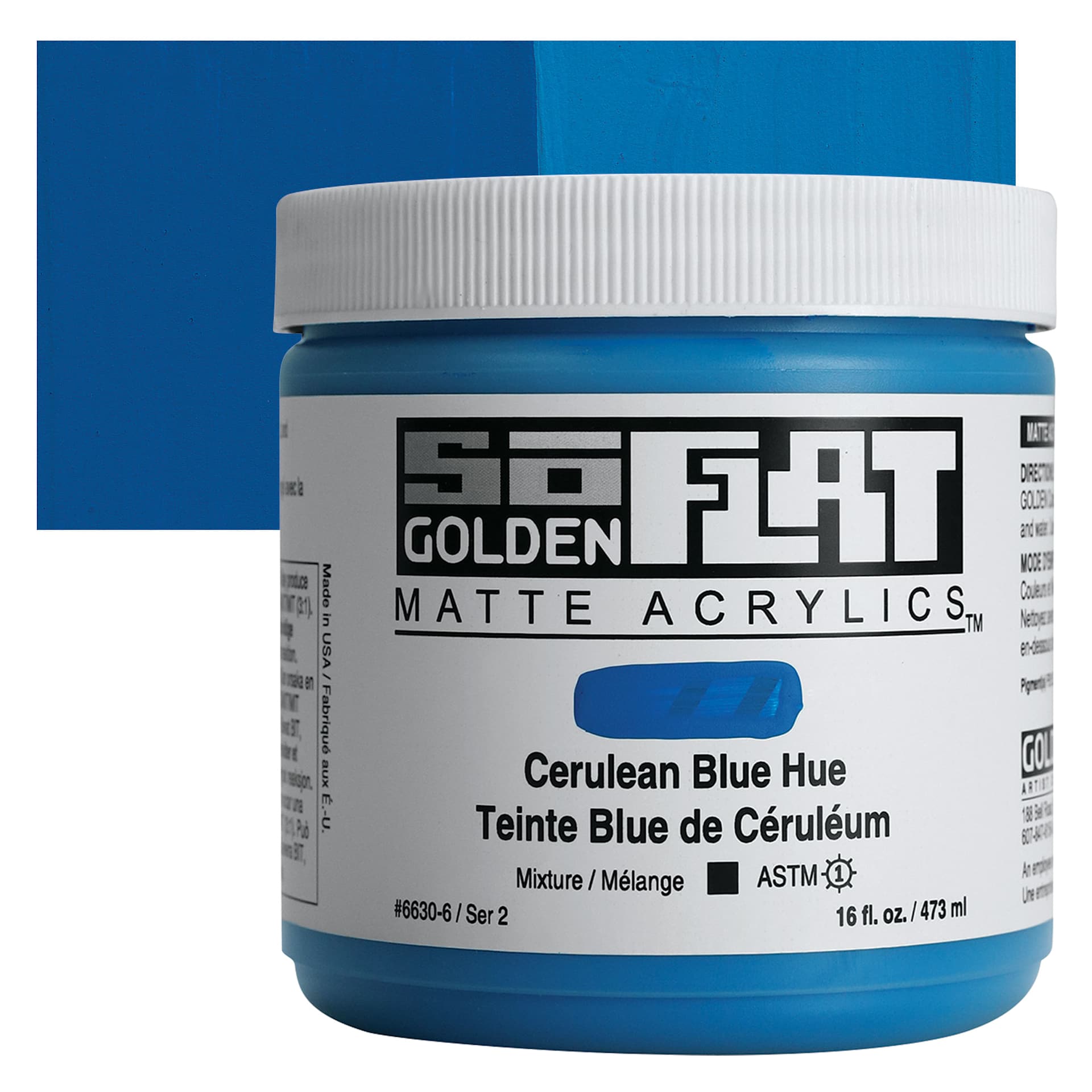 Golden SoFlat Matte Acrylic Paint - Cerulean Blue Hue, 473 ml, Jar and swatch