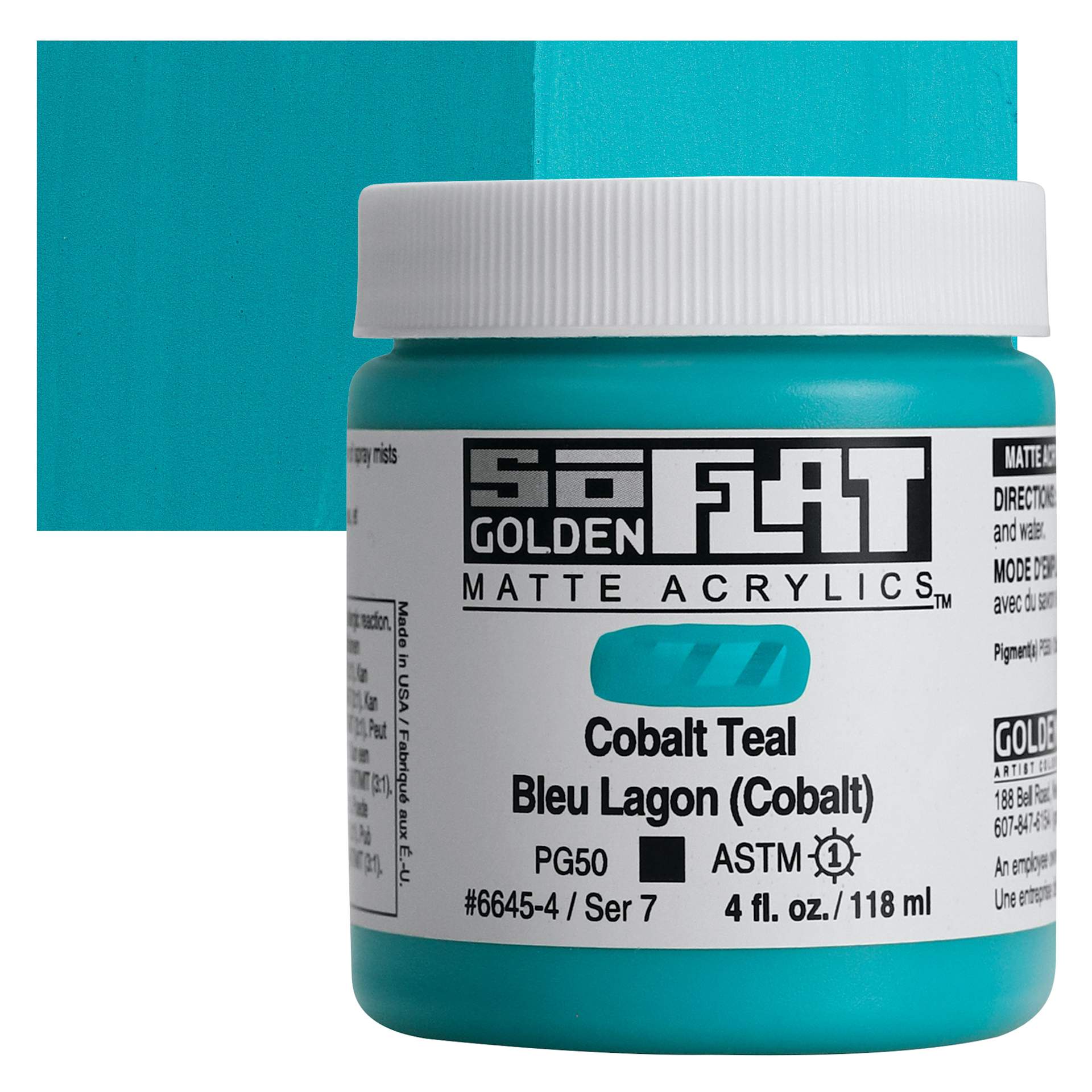 Golden SoFlat Matte Acrylic Paint - Cobalt Teal, 118 ml, Jar and swatch