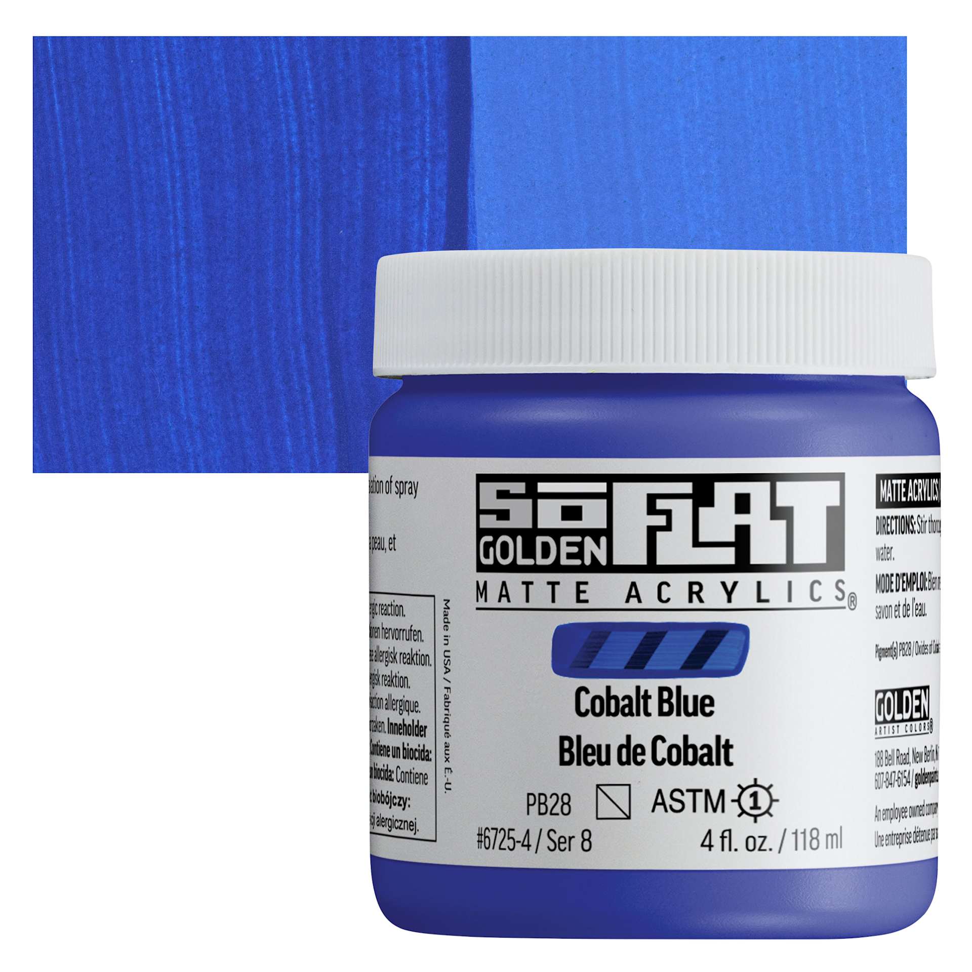 Golden SoFlat Matte Acrylic Paint - Cobalt Blue, 118 ml, Jar and swatch