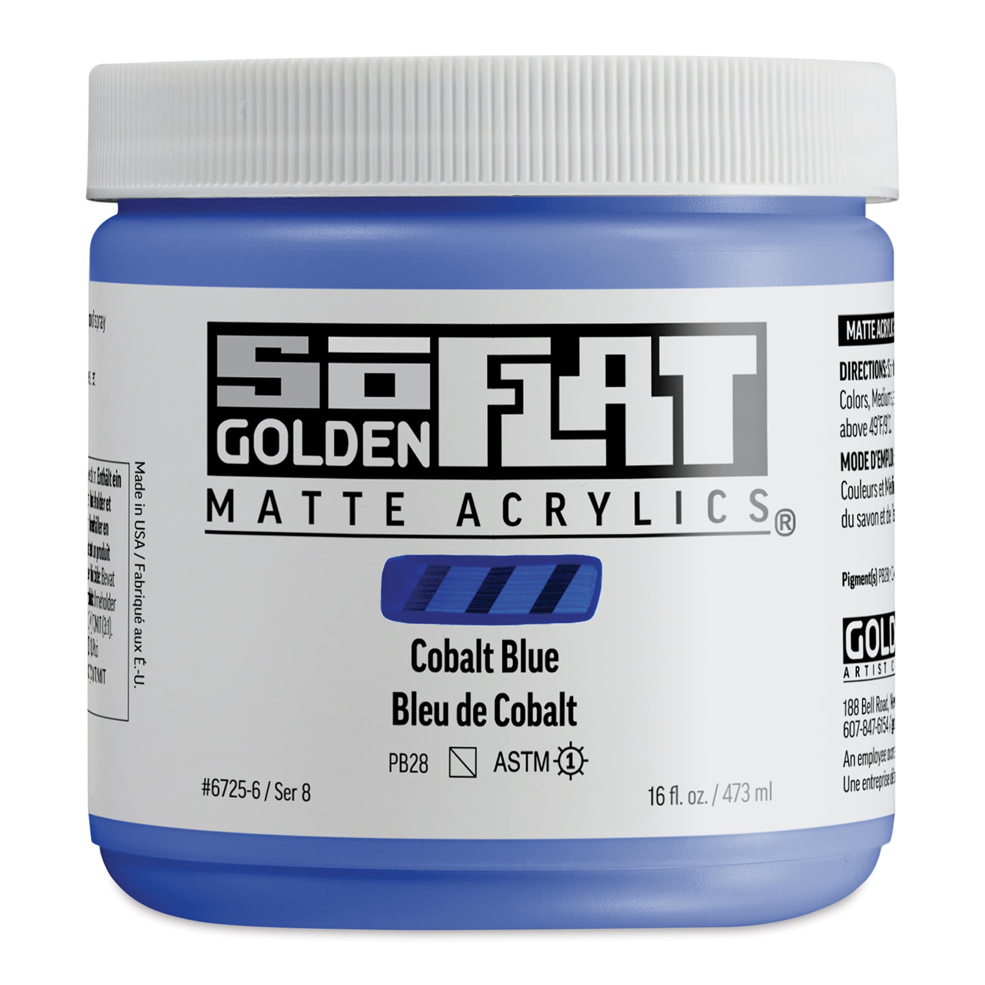 Golden SoFlat Matte Acrylic Paint - Cobalt Blue, 473 ml, Jar