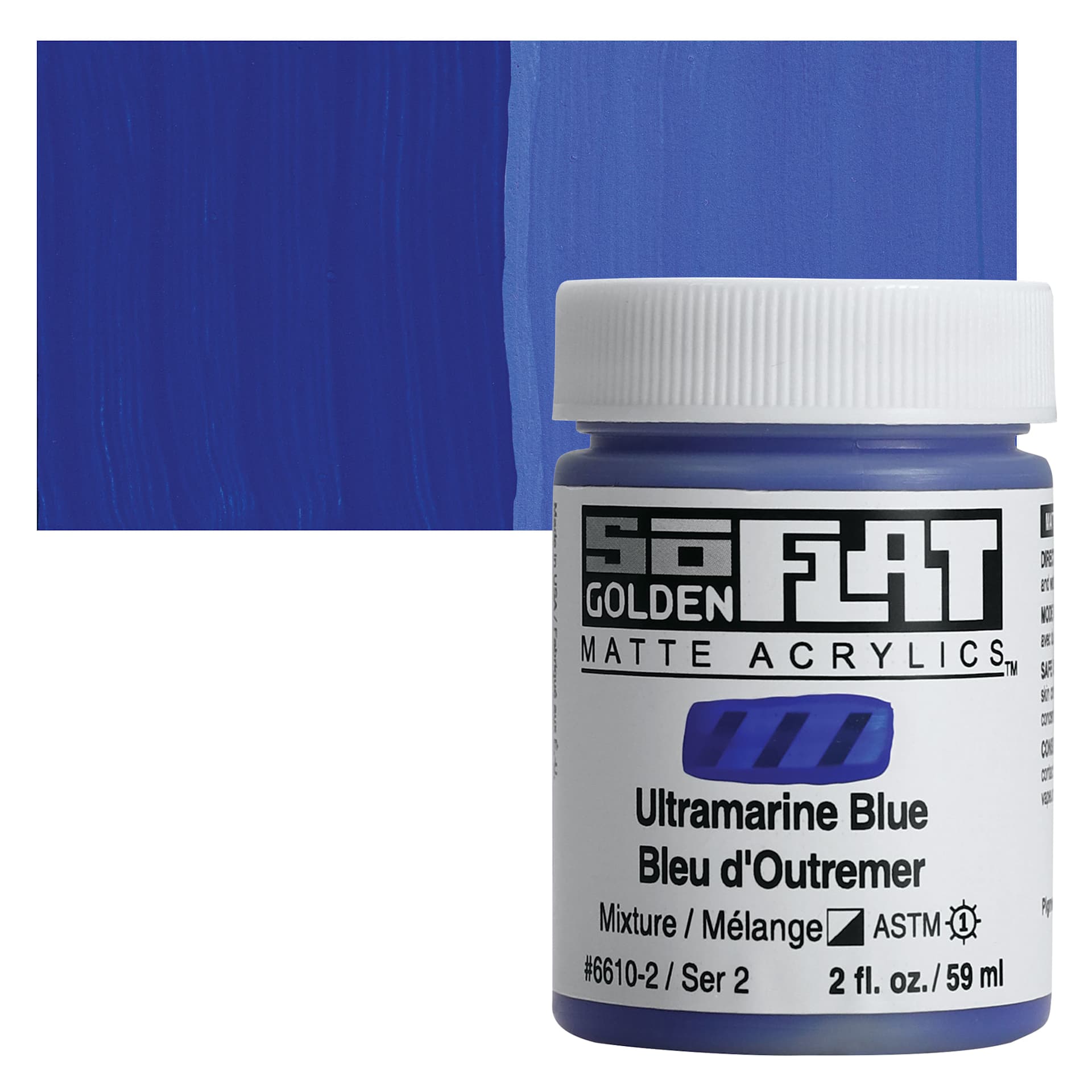 Golden SoFlat Matte Acrylic Paint - Ultramarine Blue, 59 ml, Jar and swatch