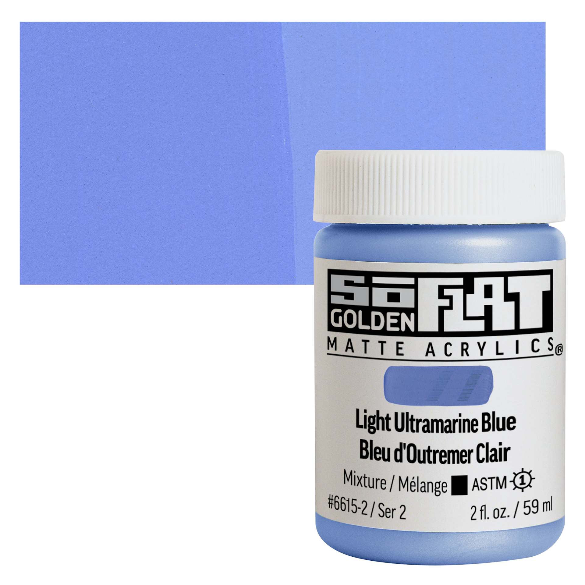 Golden SoFlat Matte Acrylic Paint - Light Ultramarine Blue, 59 ml, Jar and swatch